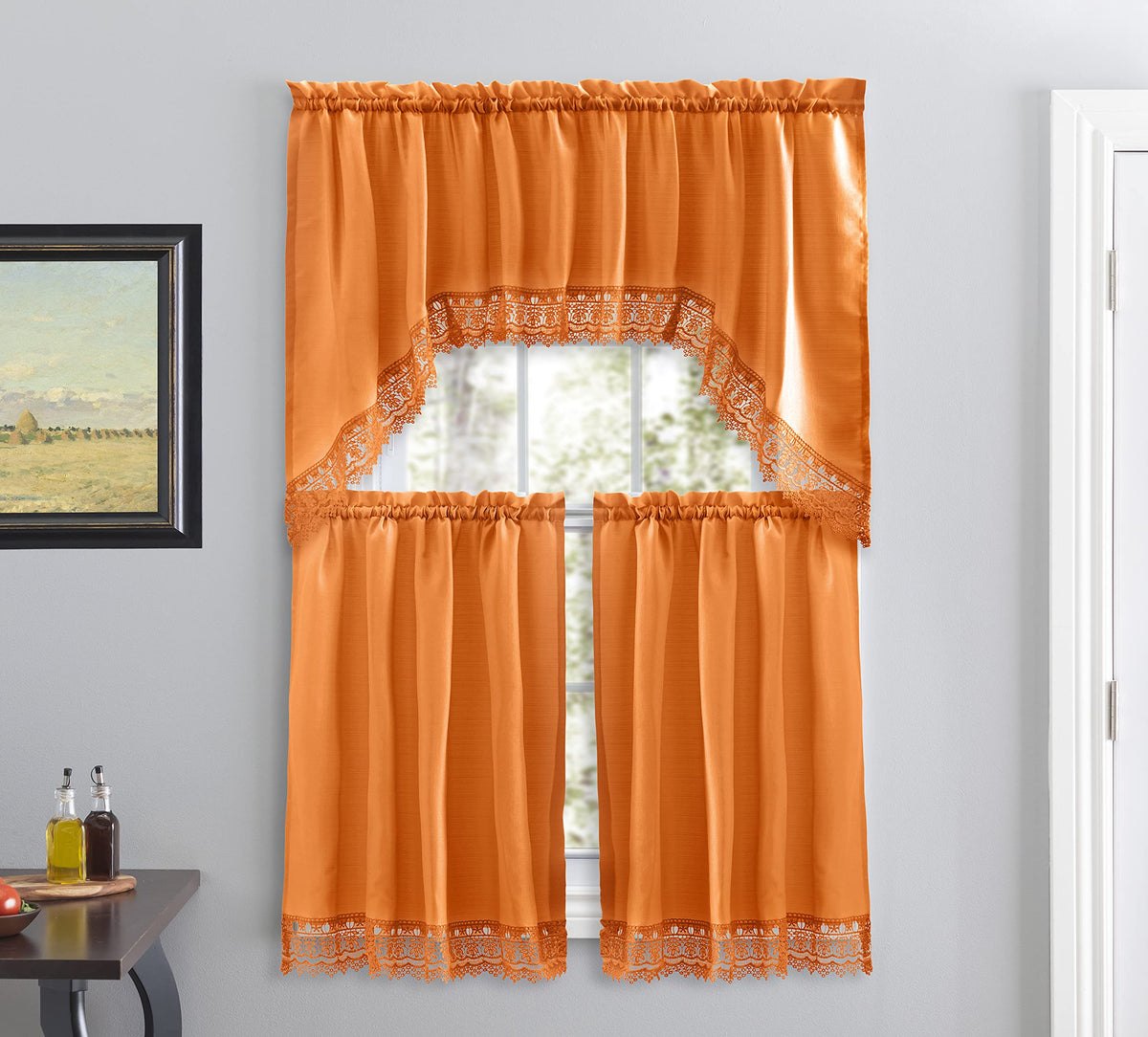 American Linen 3-Piece Kitchen Café Curtains with Embroidered Lace (White)