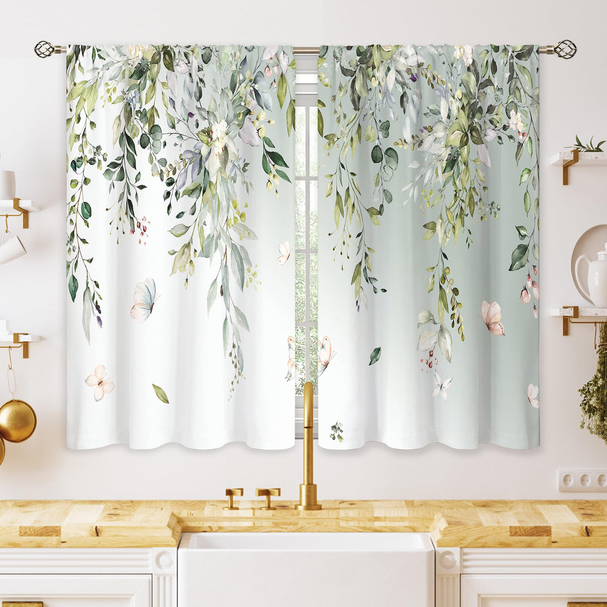 Eucalyptus Botanical Leaves Floral Kitchen Window Curtains Over Sink Boho Farmhouse Flower Leaf Small Window Treatment Sage Green Cafe Short Curtains for Bathroom Tier Drapes 27.5x39 inch