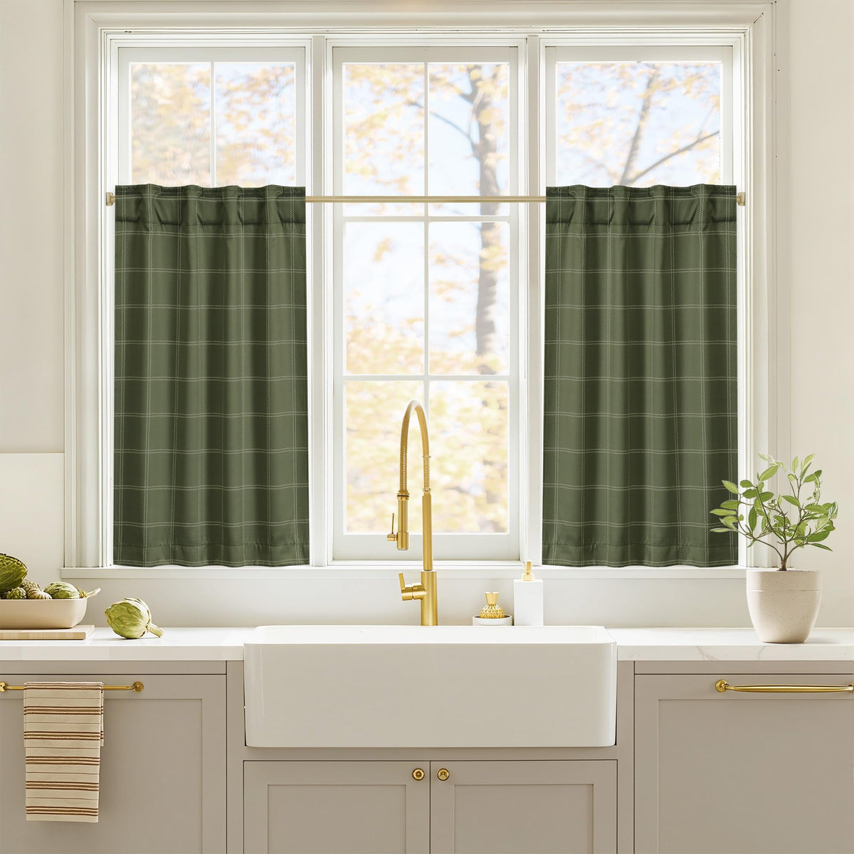NICETOWN Olive Green Farmhouse Gingham Tiers Kitchen 100% Blackout Curtains