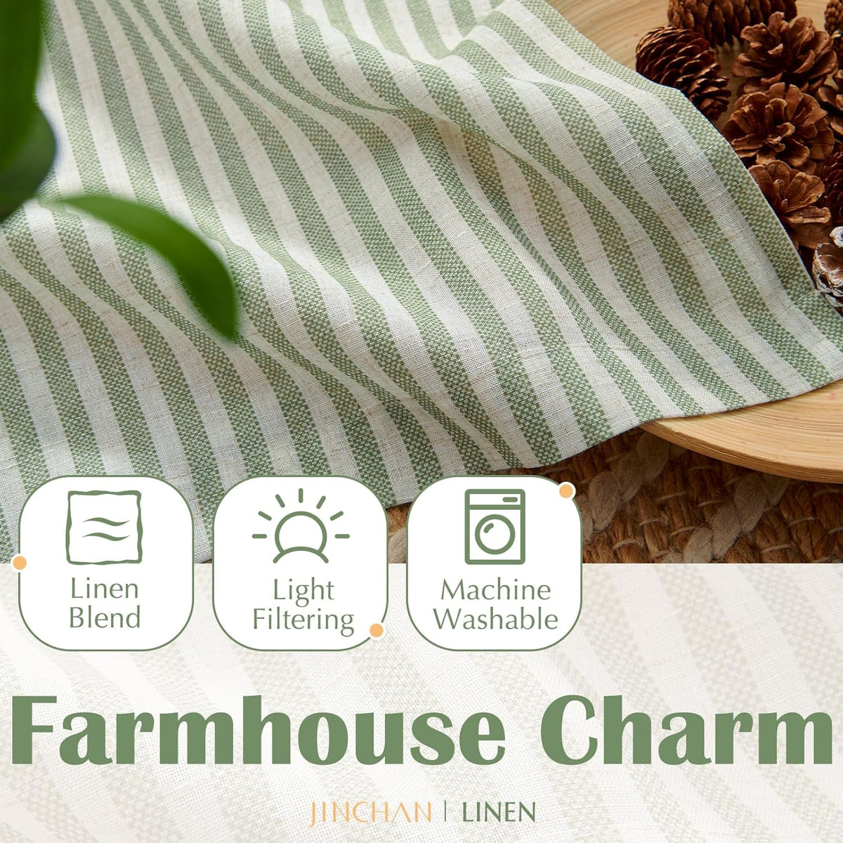 jinchan Striped Linen Kitchen Tier Curtains, 30 Inch, Sage Green, 2 Panels