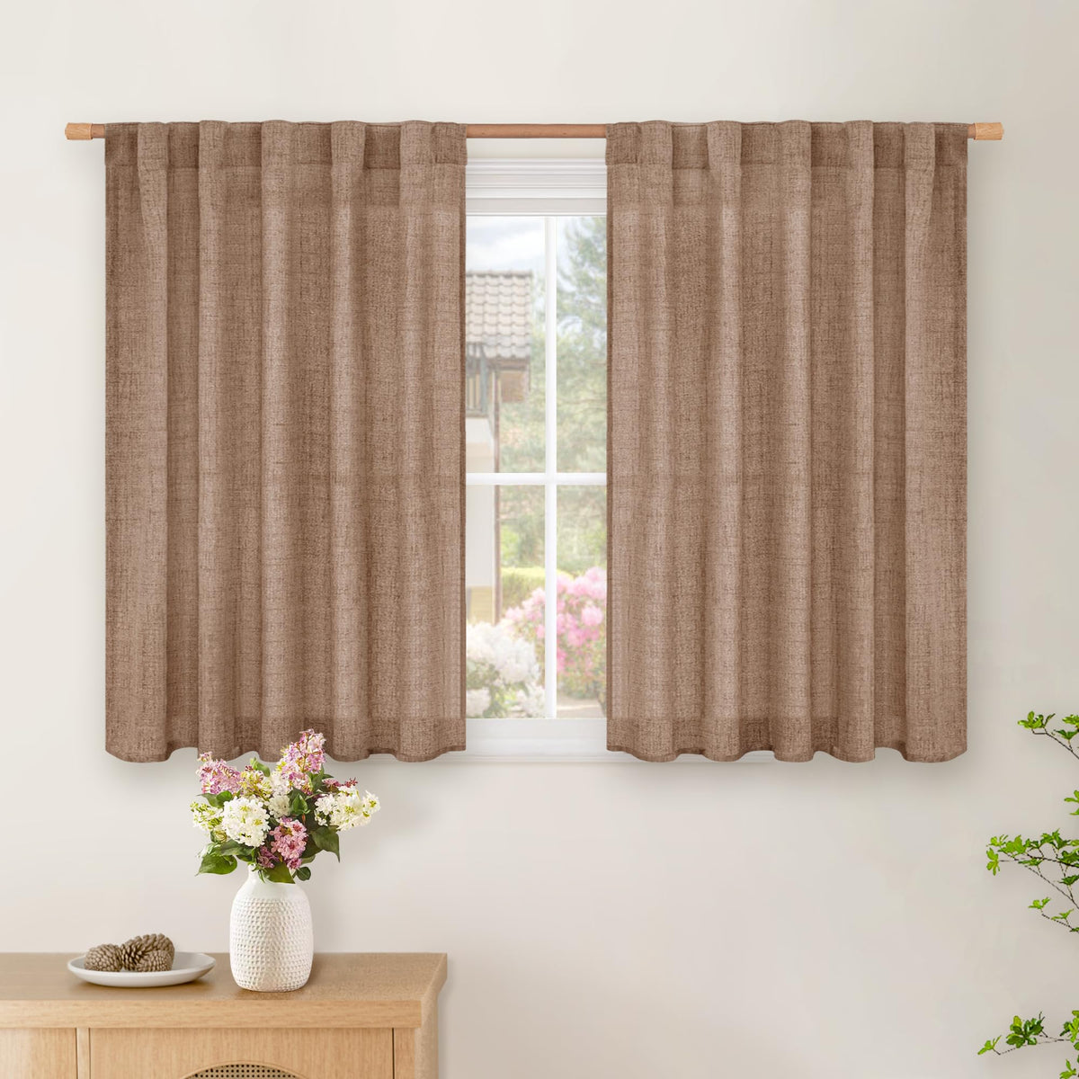 BGment White Linen Kitchen Curtains 40 Inch Length for Short Window