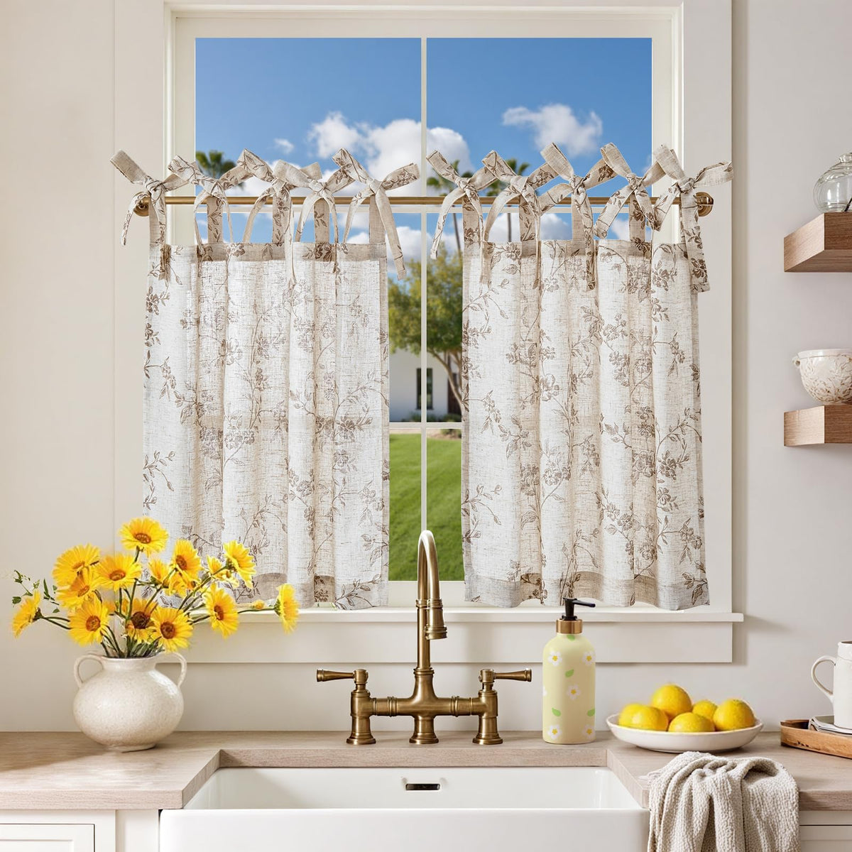 jinchan Solid Linen Kitchen Tier Curtains 24 Inches Tie Top 2 Panles Crude