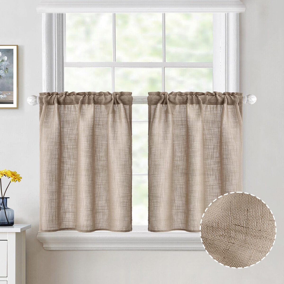 MIULEE Spring Linen Textured Kitchen Window Curtains over Sink 24 Inch Length Semi Sheer Farmhouse Small Curtains for Cafe Bathroom Basement, Short Rod Pocket Tier Curtains 2 Panels W26XL24 Sage Green