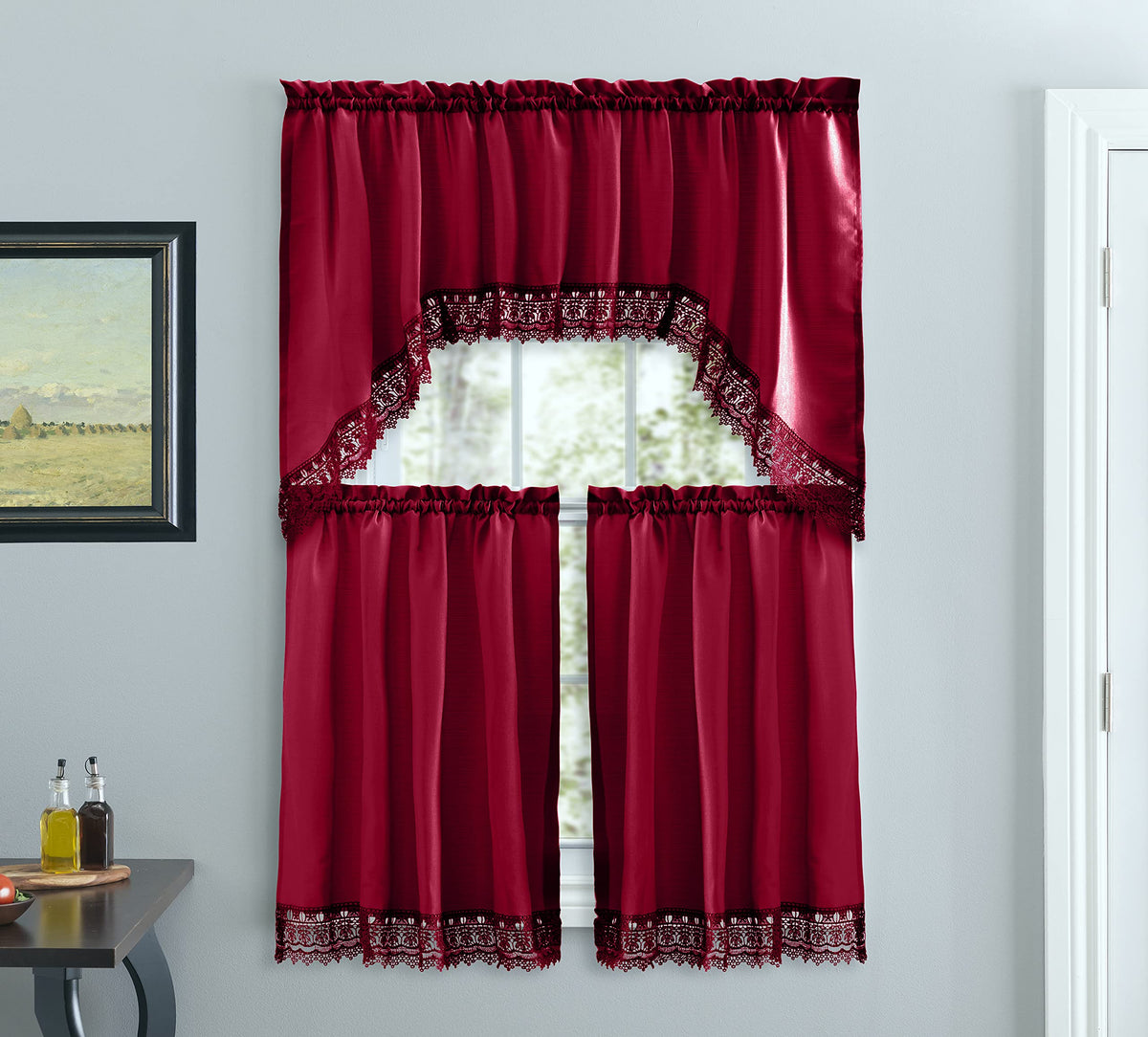 American Linen 3-Piece Kitchen Café Curtains with Embroidered Lace (White)