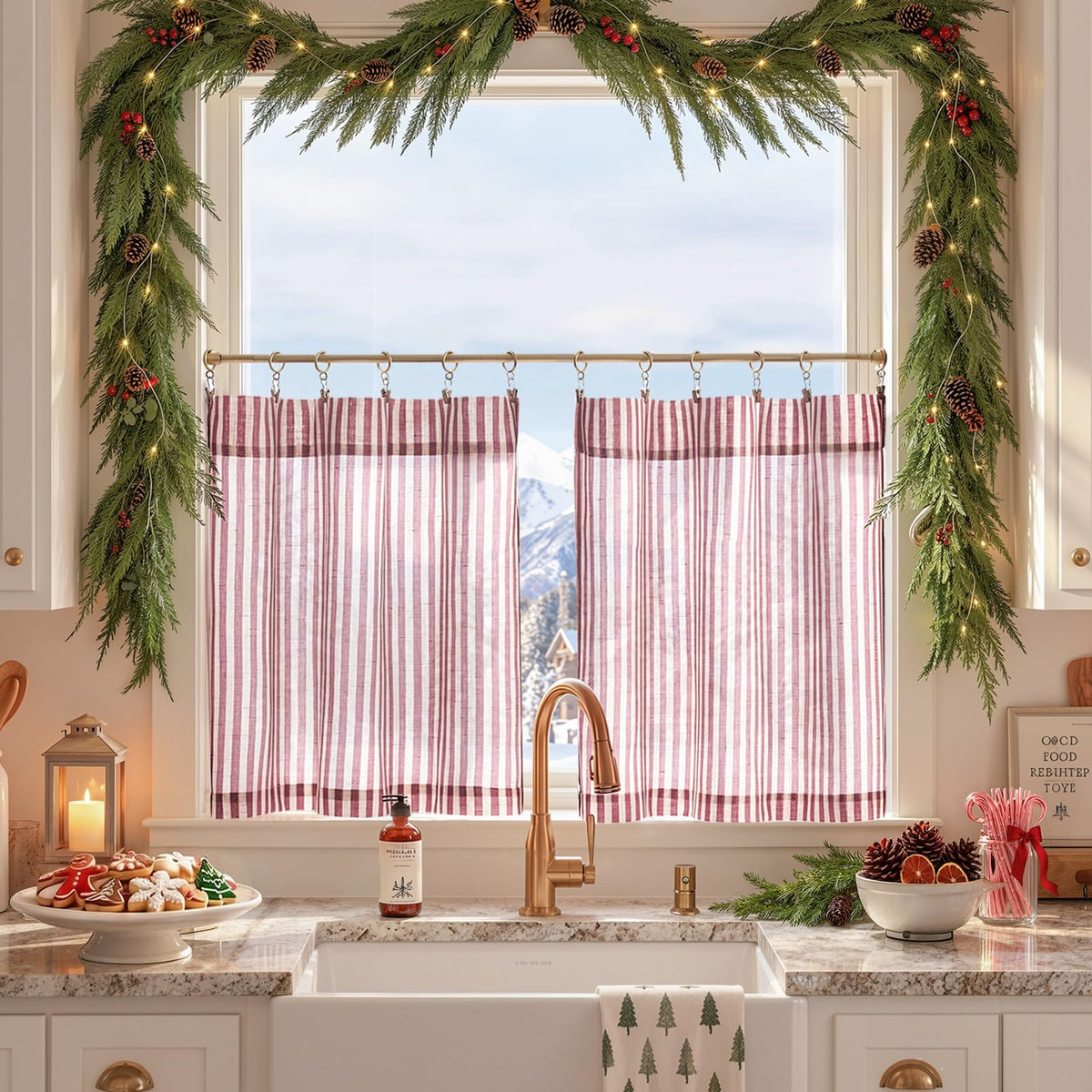 jinchan Striped Linen Kitchen Tier Curtains, 30 Inch, Sage Green, 2 Panels