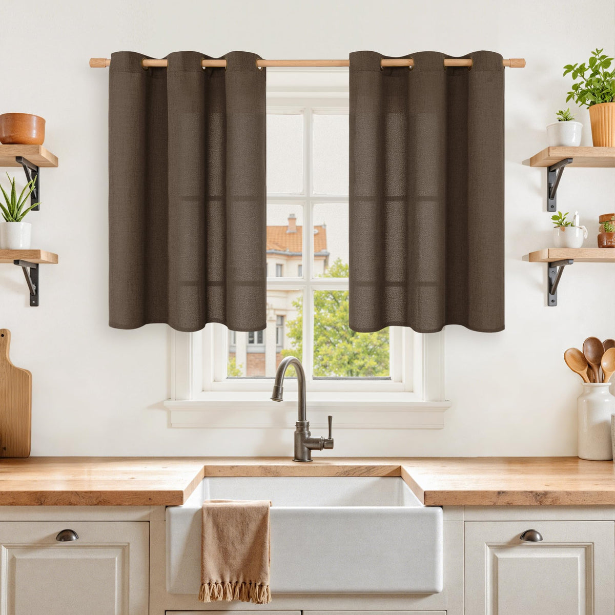 YoungsTex Linen Kitchen Window Curtains 40 Inch Length 2 Panels