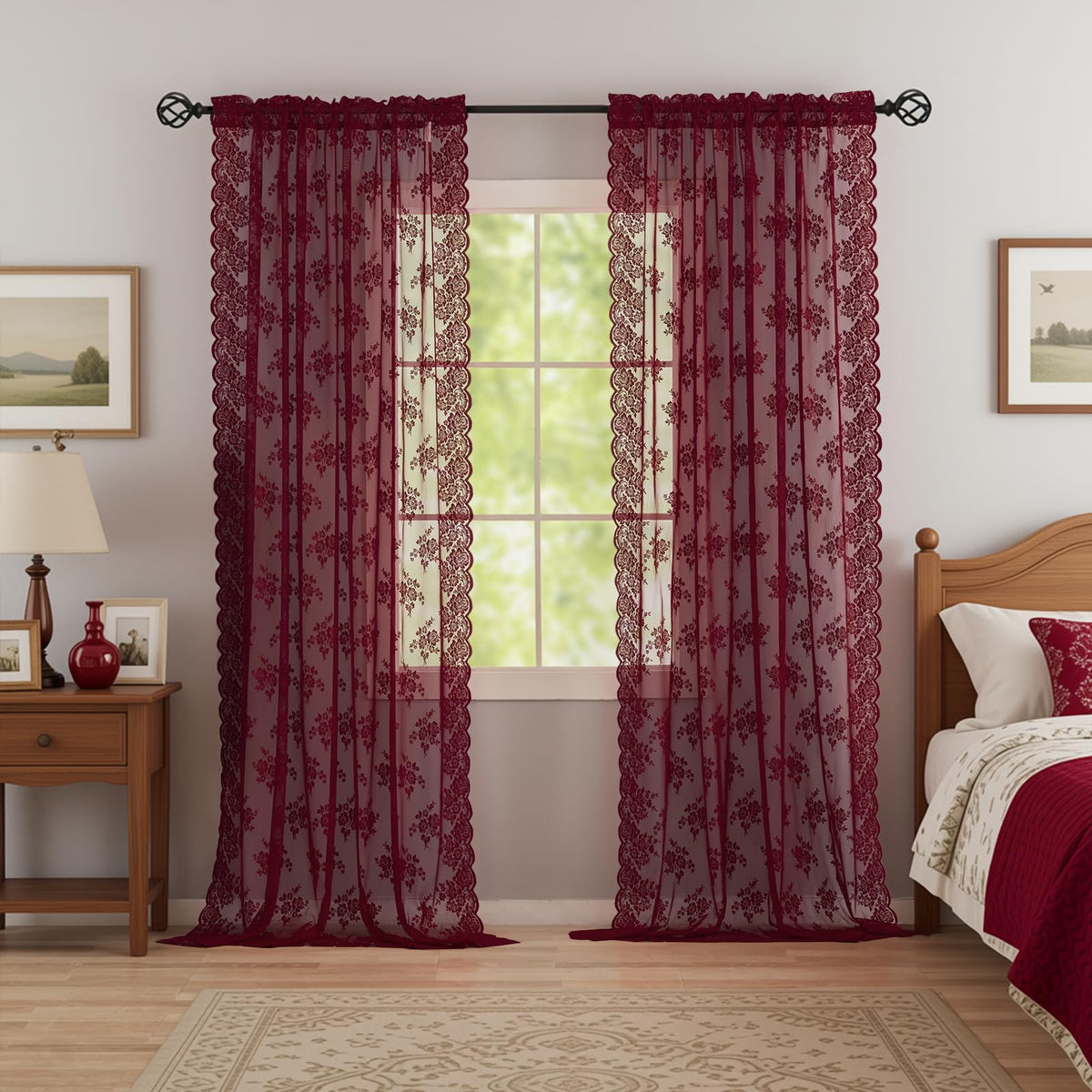 Kotile Short Beige Lace Curtains for Kitchen Windows W42xL45 Inch, 2 Panels