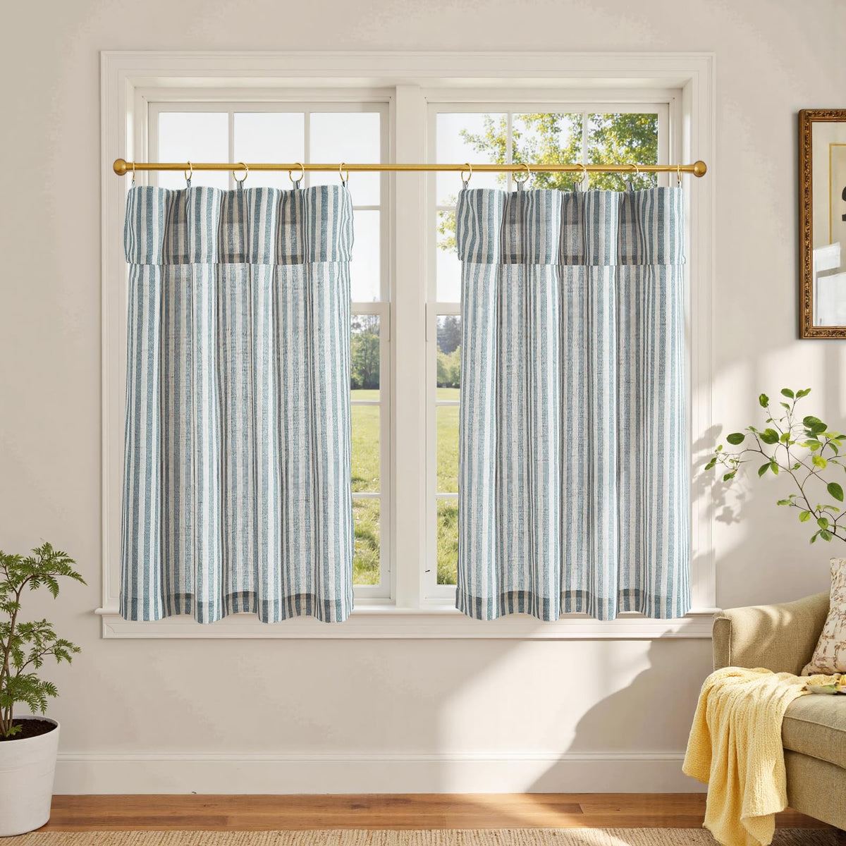 jinchan Striped Linen Kitchen Tier Curtains, 30 Inch, Sage Green, 2 Panels