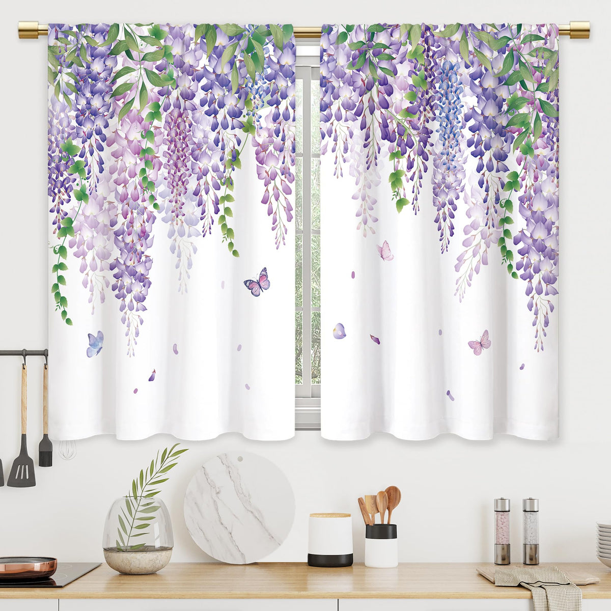 Colorful Leaves Kitchen Curtains Boho Botanical Bathroom Curtains Window Treatment Drapes Tier Flower Floral Cafe Small Bedroom Short French Door Curtains Rod Pocket 2 Panels 27.5x39 Inch