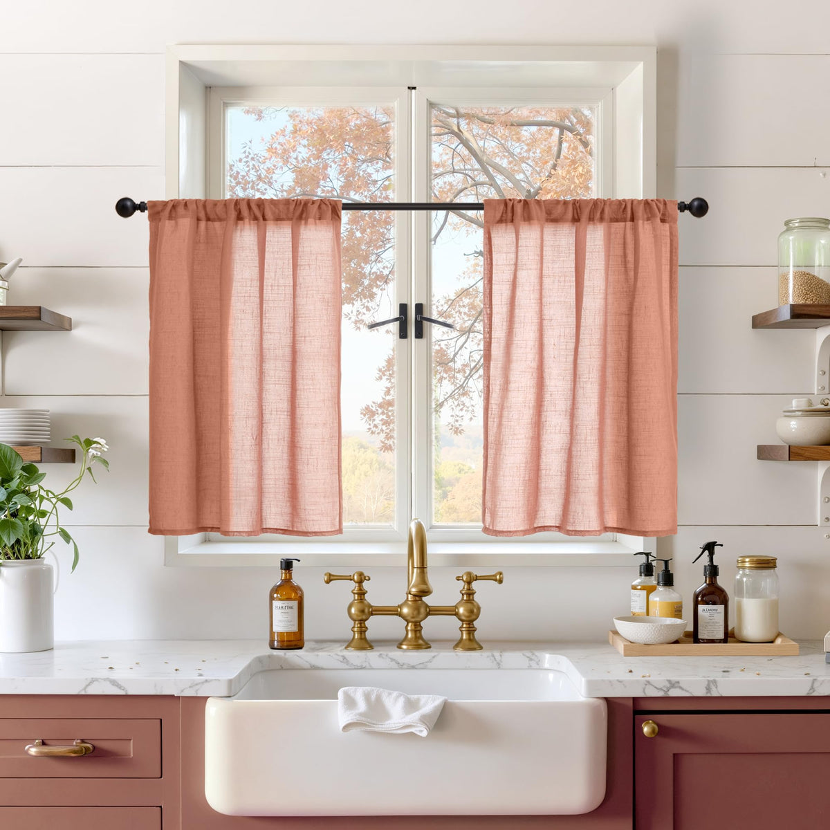 BGment Linen Kitchen Window Curtains Over Sink, 36 Inch Length Cafe Drapes