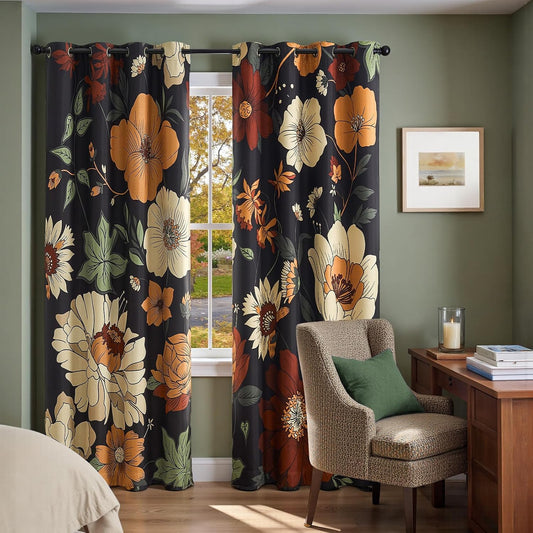 jinchan Black Boho Floral Blackout Curtains 84 Inch Grommet 2 Panels