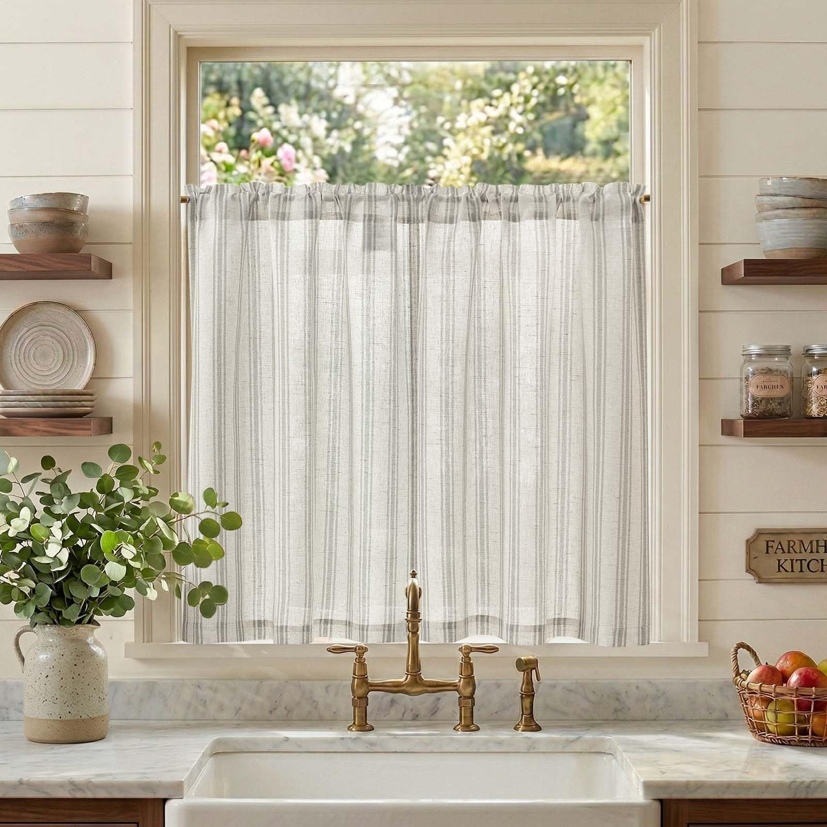 jinchan Linen Striped Tier Curtains for Kitchen Windows Farmhouse
