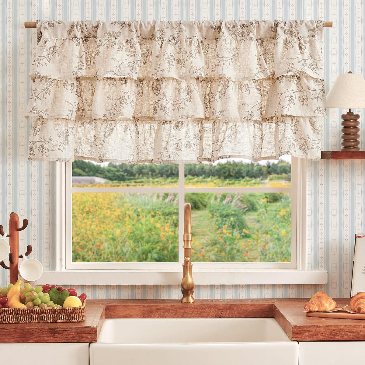 jinchan Alisa Ruffled Floral Valance Curtain 18 Inch 1 Panel Taupe on Linen