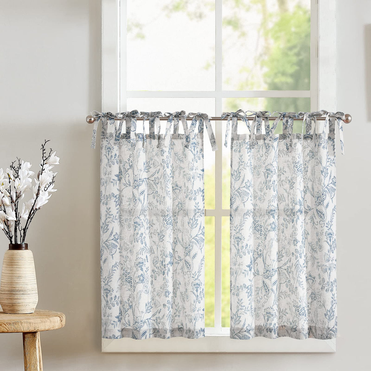 jinchan Solid Linen Kitchen Tier Curtains 24 Inches Tie Top 2 Panles Crude