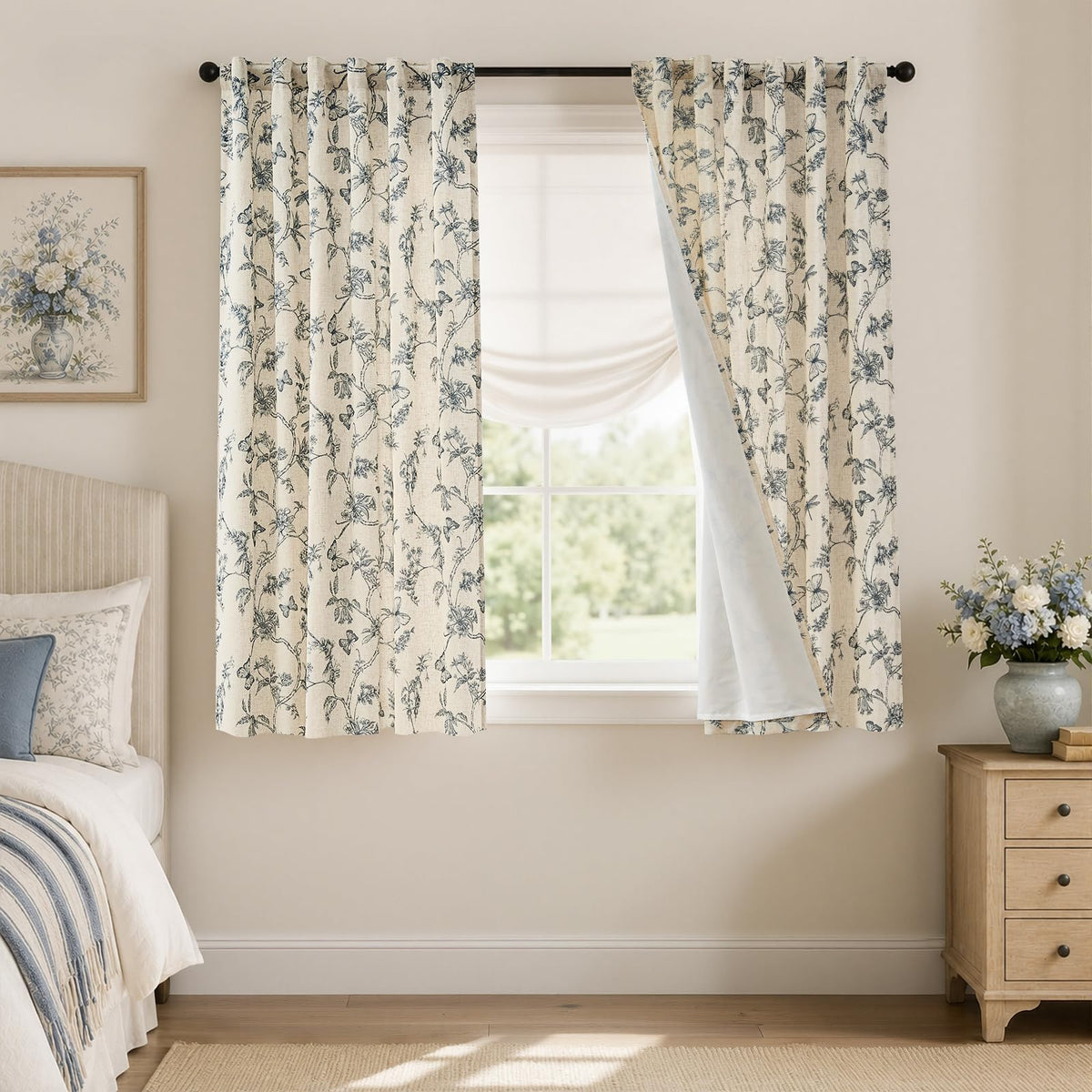 Lazzzy Green Floral Linen Curtains Farmhouse Rod Pocket 50W X 84L 2 Panels