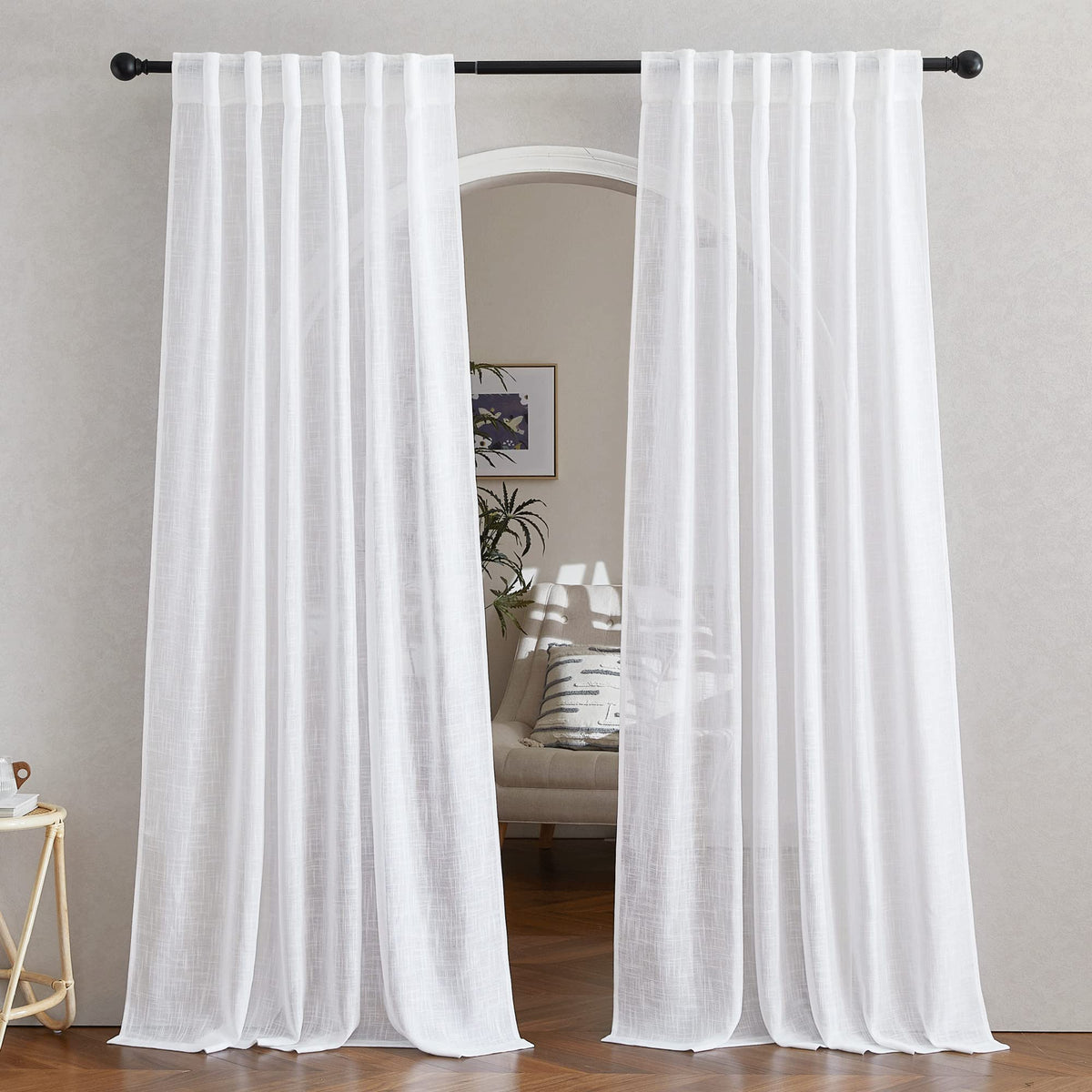 NICETOWN Natural Linen Kitchen Curtains 26 inches Long, Rod Pocket & Back Tab Semi Sheer Flax Window Treatments Rustic & Cute for Cafe/Kids Room, W37 x L26, 2 Panels