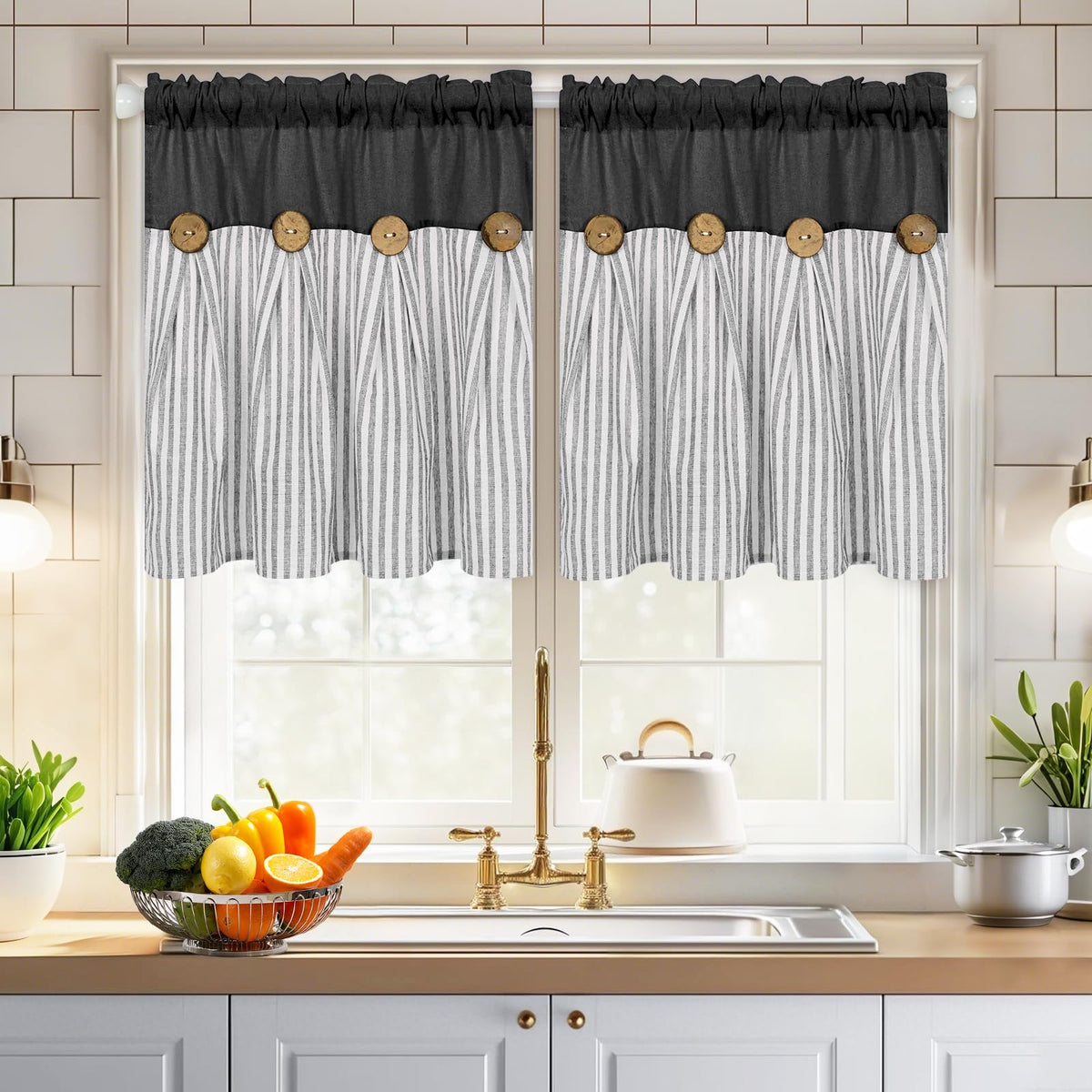 ASPMIZ Cotton Linen Kitchen Valance Curtains, Boho Rustic Button Linen Valances for Windows Farmhouse, Black with Grey Stripe Valance Window Topper Treatment Window Valances for Bathroom, 52 x 18 Inch