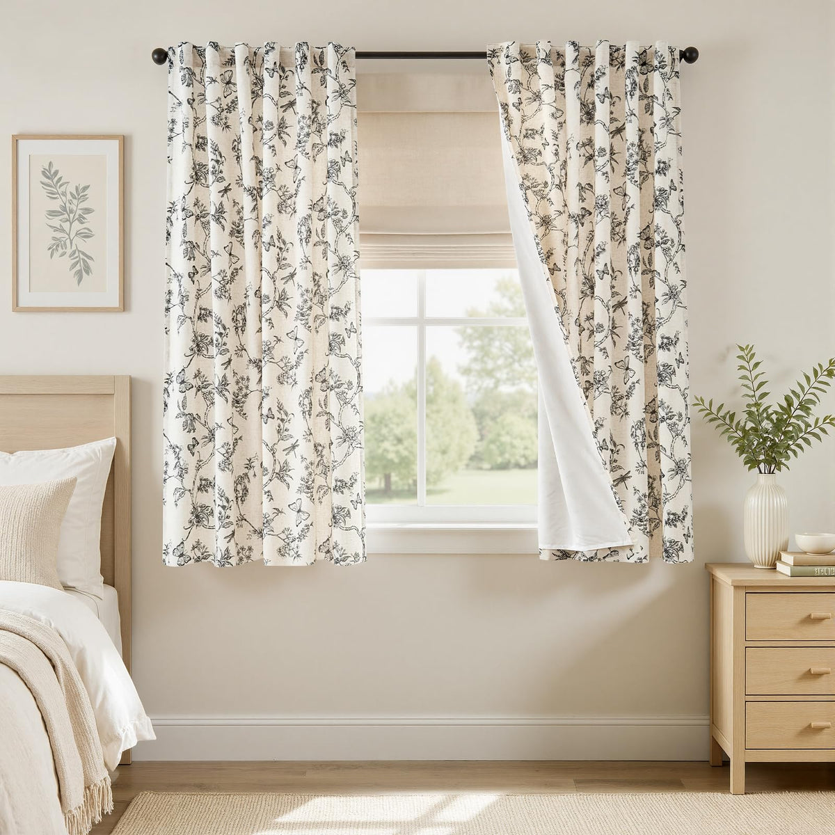 Lazzzy Green Floral Linen Curtains Farmhouse Rod Pocket 50W X 84L 2 Panels