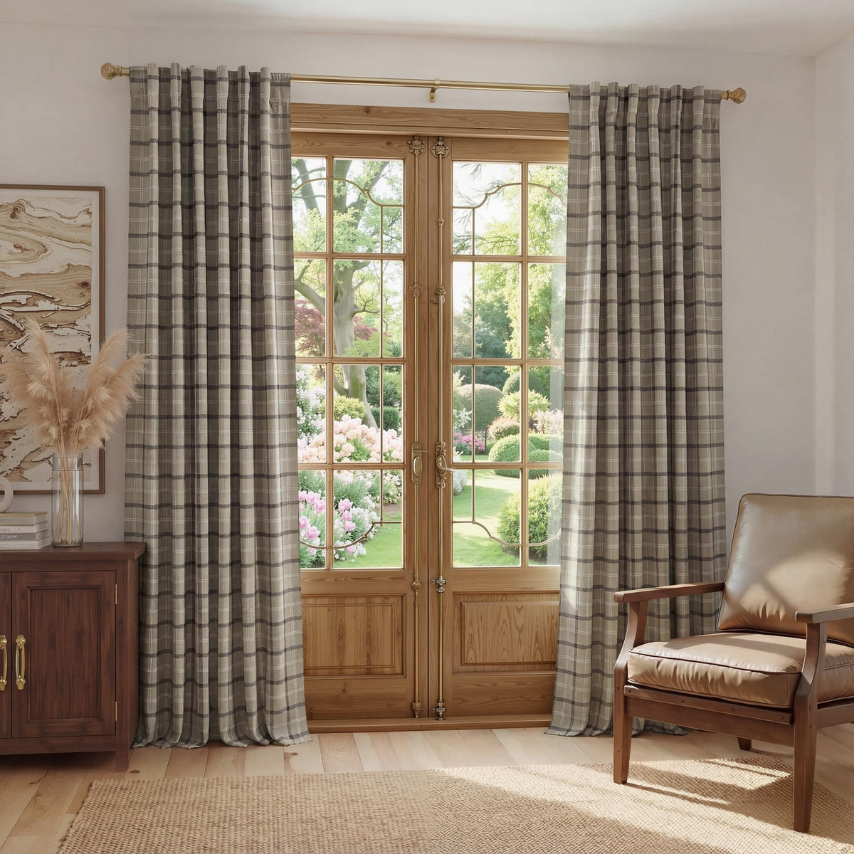 NICETOWN Olive Green Farmhouse Gingham Tiers Kitchen 100% Blackout Curtains