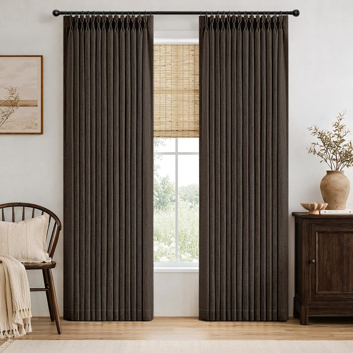 MIULEE Pinch Pleated Thick Linen Curtains 36 Inches Long 2 Panels Natural