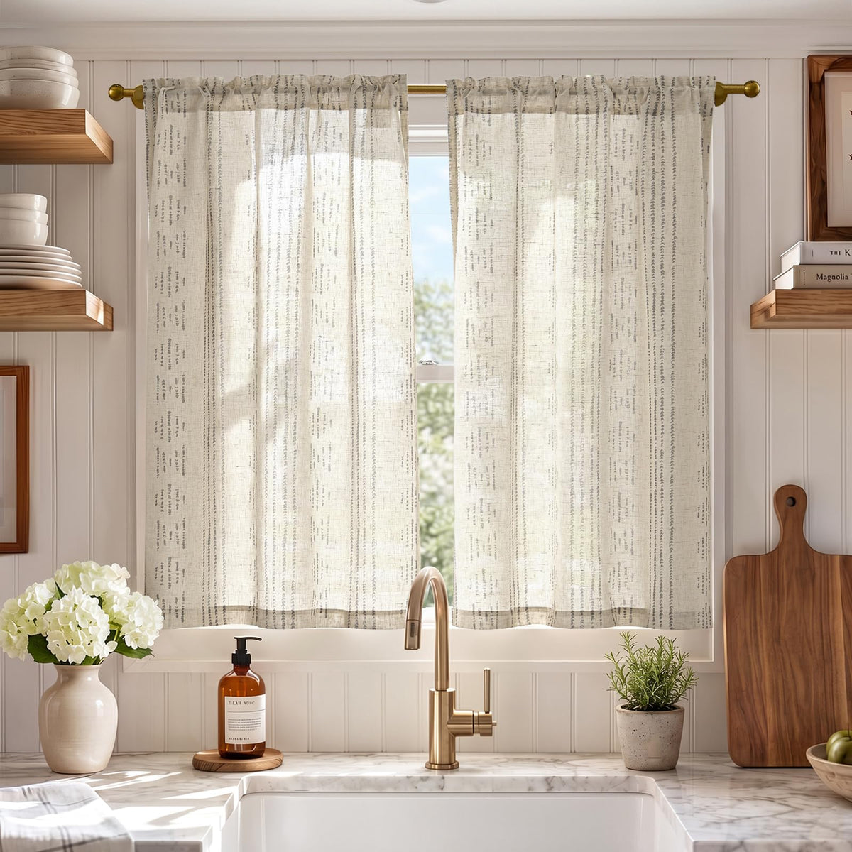 jinchan Linen Striped Tier Curtains for Kitchen Windows Farmhouse