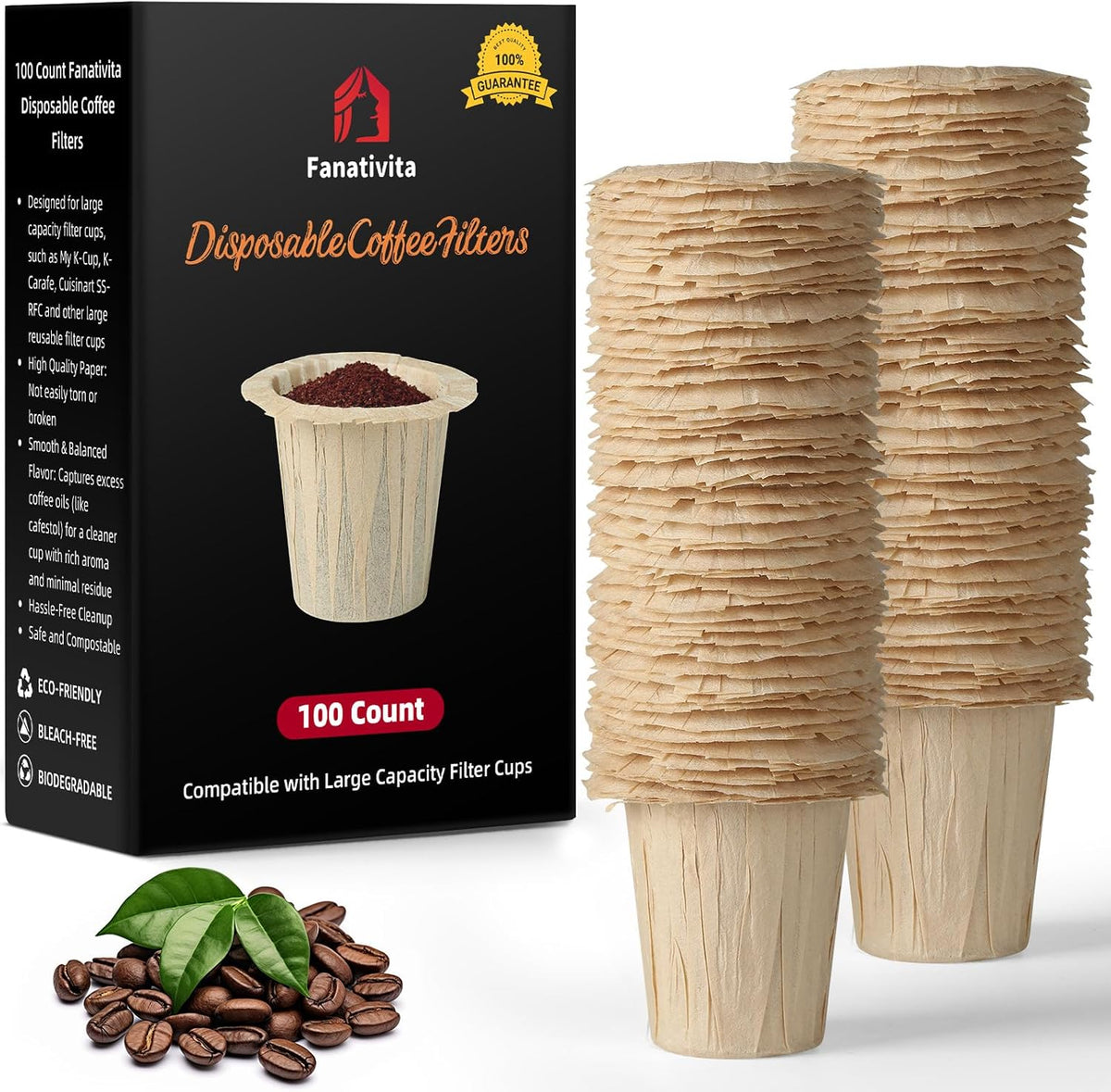 Fanativita 100ct Large Disposable Coffee Filter Cups (2.1 in H), Unbleached