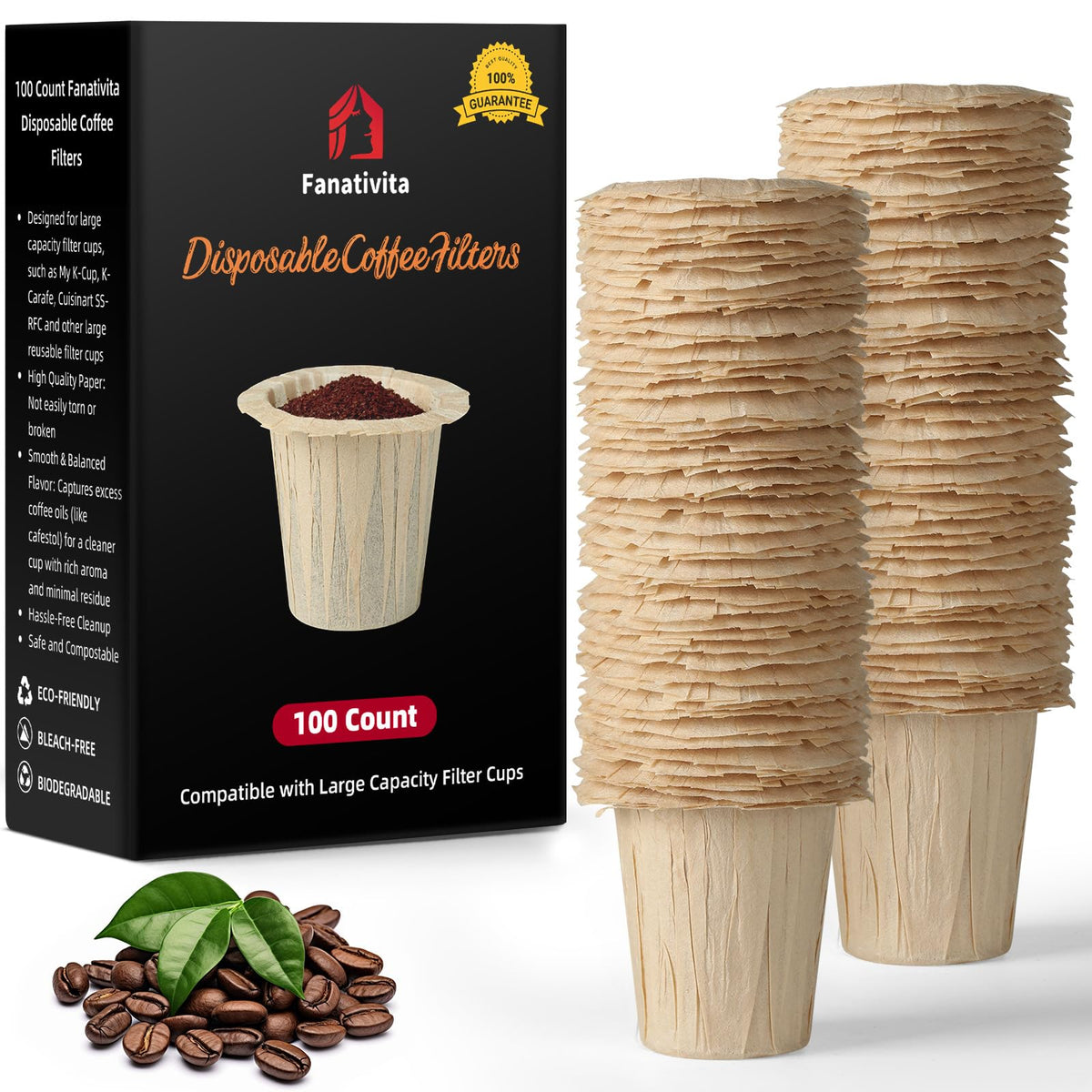 Fanativita 100ct Large Disposable Coffee Filter Cups (2.1 in H), Unbleached