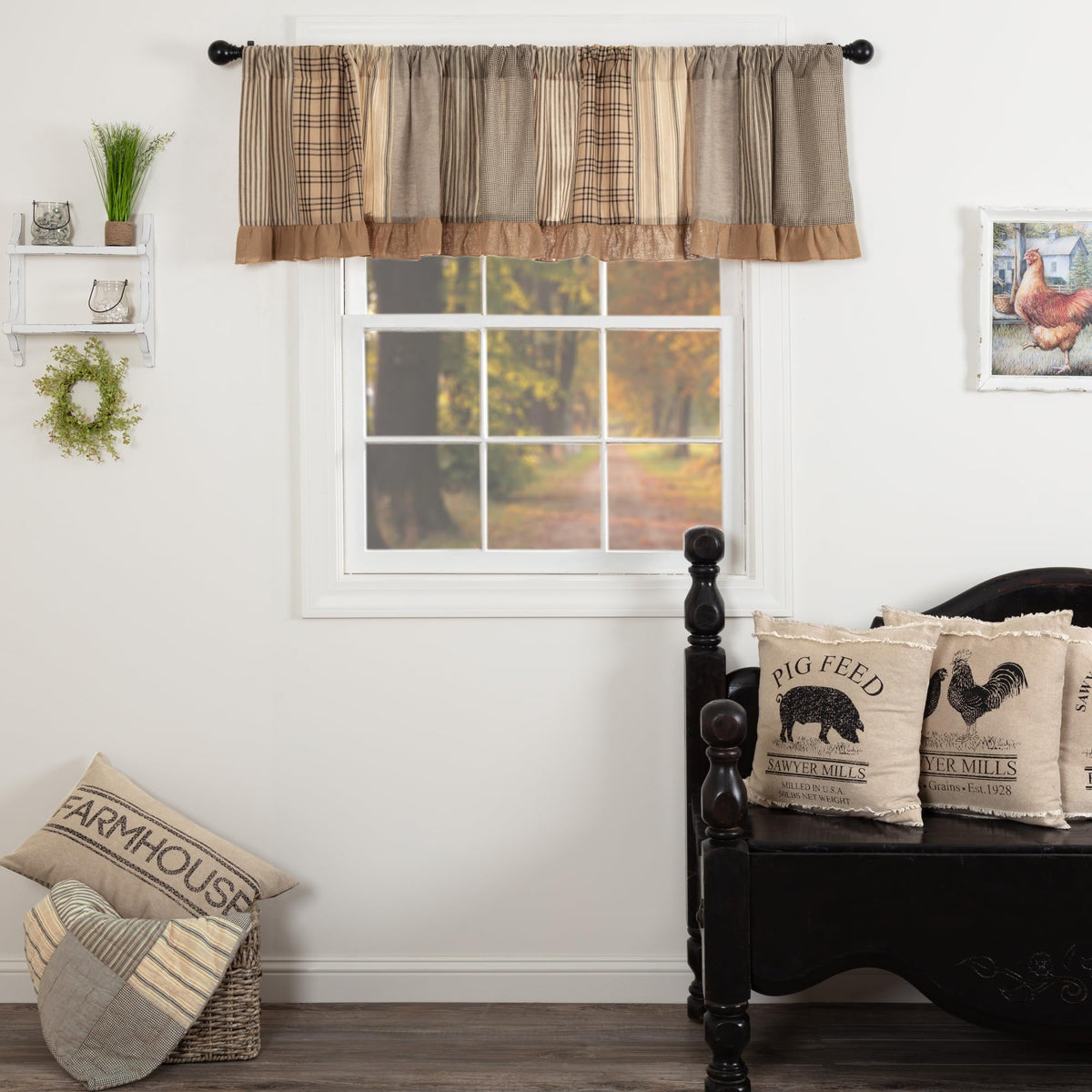 VHC Brands Sawyer Mill Curtain, Panel 63x36, Charcoal Khaki Tan