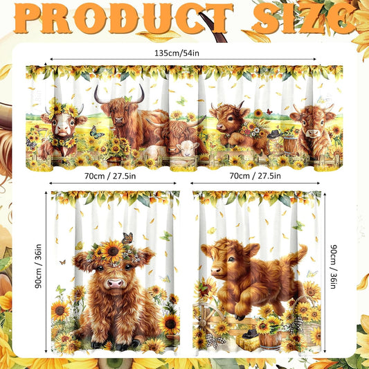 Breling 3 Pcs Sunflower Highland Cow Kitchen Curtains Valances and Tiers Set for Windows Spring Farmhouse Highland Cow Sunflower Curtains Decor for Summer Bedroom Window Decor Party Favor Supplies