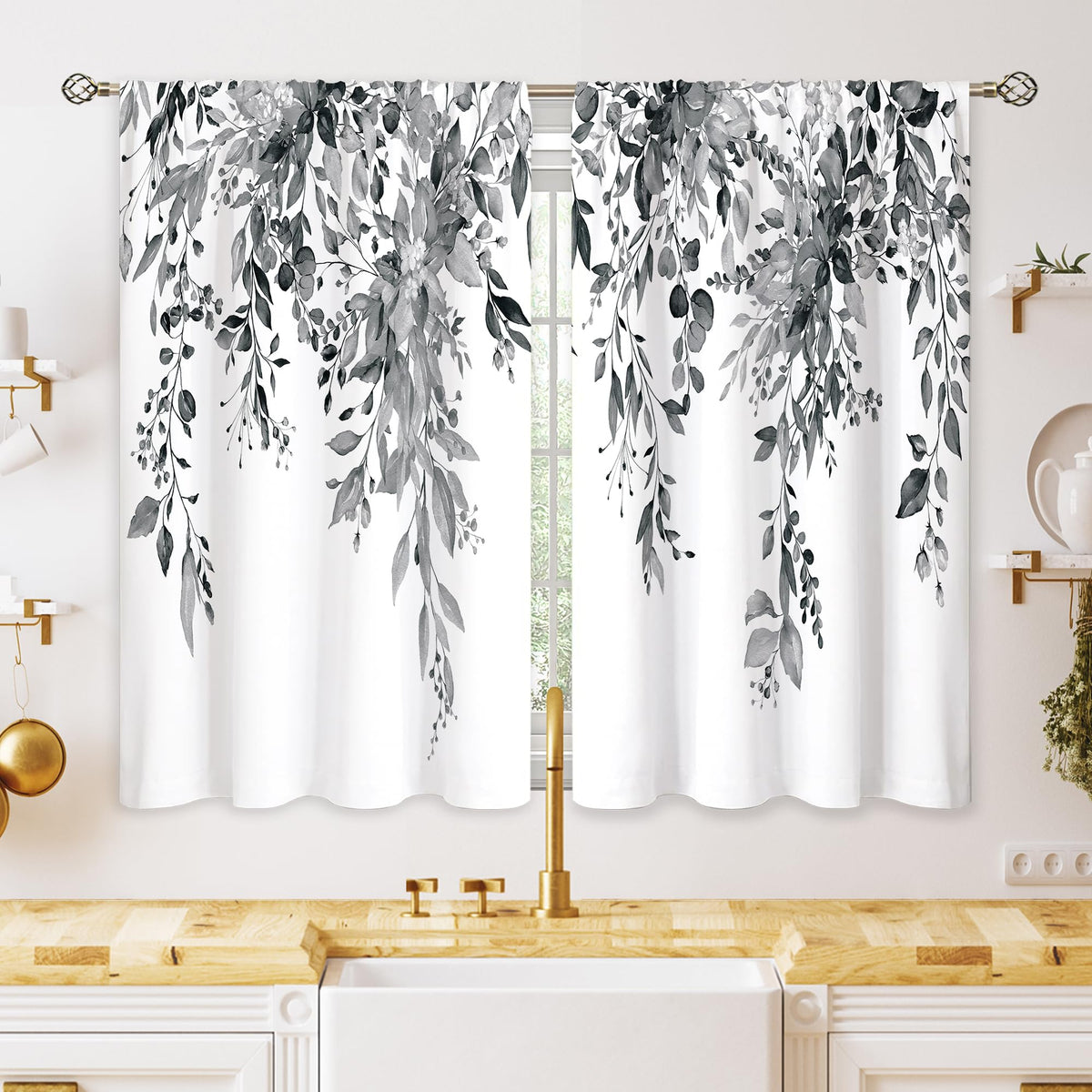 Eucalyptus Botanical Leaves Floral Kitchen Window Curtains Over Sink Boho Farmhouse Flower Leaf Small Window Treatment Sage Green Cafe Short Curtains for Bathroom Tier Drapes 27.5x39 inch