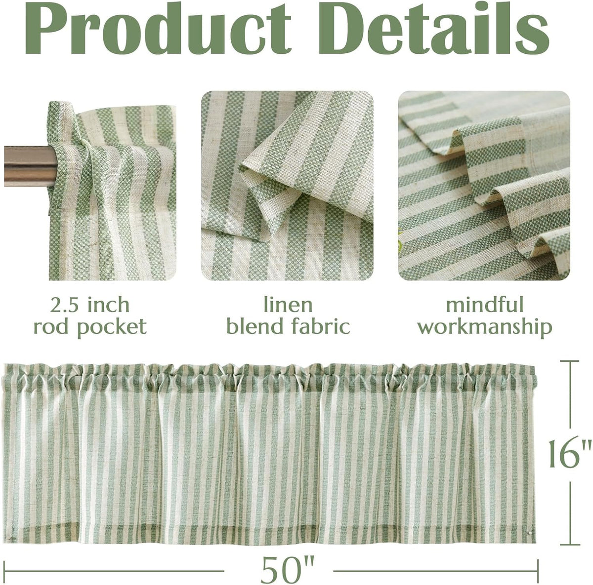 jinchan Linen Boxter Stripe Valances for Window 16 inch,Sage Green,1 Panel