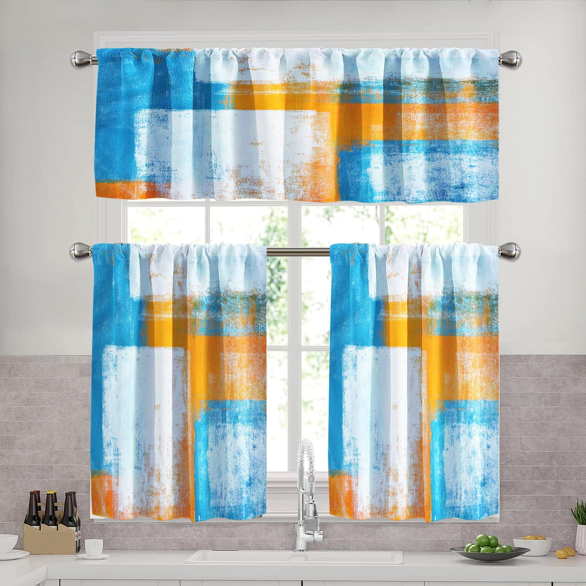 Blue Brown Kitchen Curtains Set, 3 Piece 52x36 Inch Valance & Tier Curtains