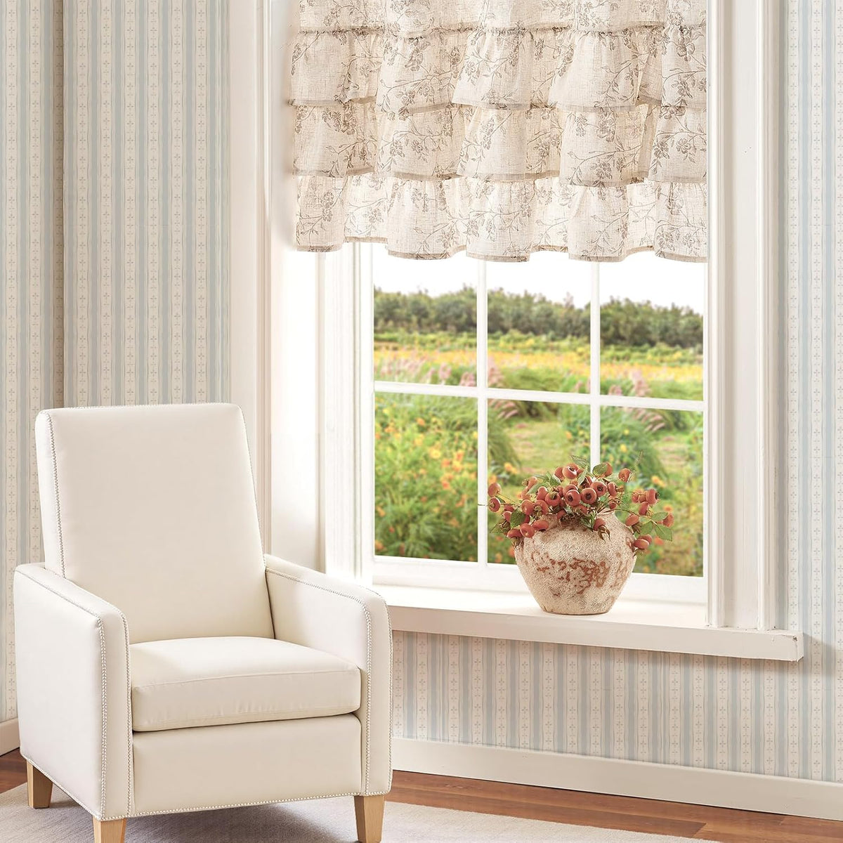 jinchan Alisa Ruffled Floral Valance Curtain 18 Inch 1 Panel Taupe on Linen