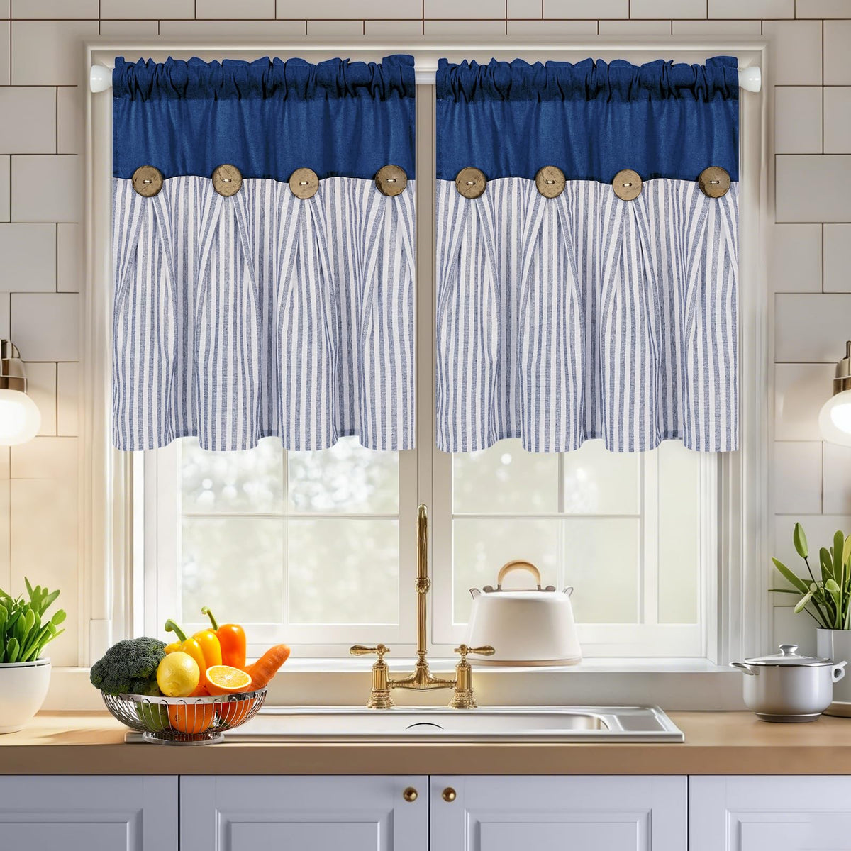 ASPMIZ Cotton Linen Kitchen Valance Curtains, Boho Rustic Button Linen Valances for Windows Farmhouse, Black with Grey Stripe Valance Window Topper Treatment Window Valances for Bathroom, 52 x 18 Inch