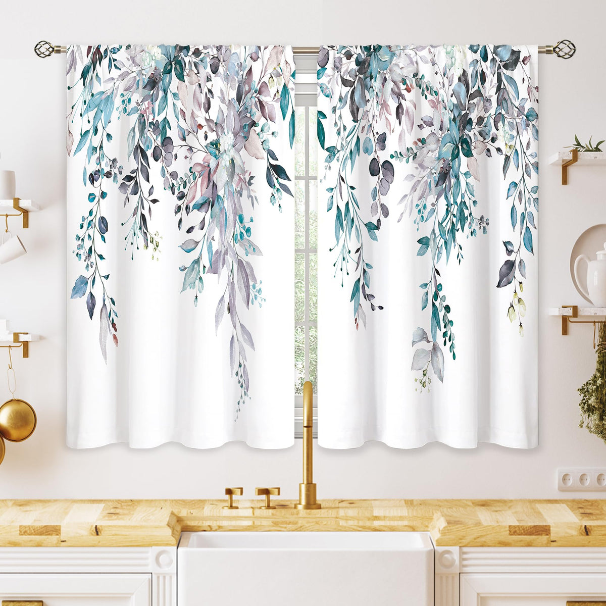 Eucalyptus Botanical Leaves Floral Kitchen Window Curtains Over Sink Boho Farmhouse Flower Leaf Small Window Treatment Sage Green Cafe Short Curtains for Bathroom Tier Drapes 27.5x39 inch