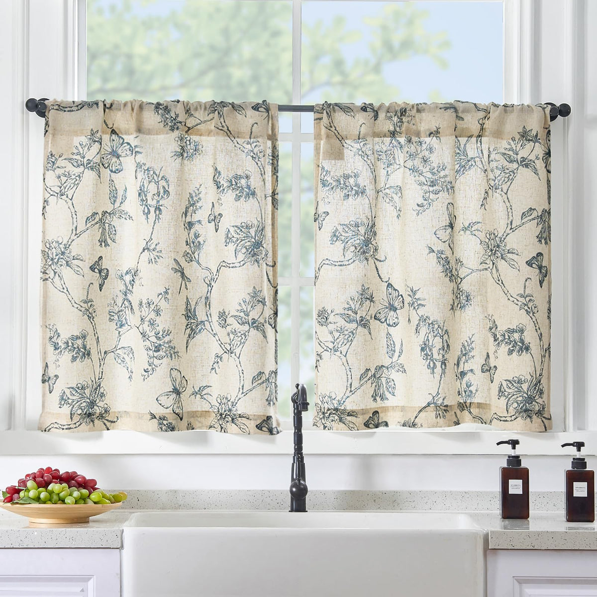 Lazzzy Green Floral Linen Curtains Farmhouse Rod Pocket 50W X 84L 2 Panels