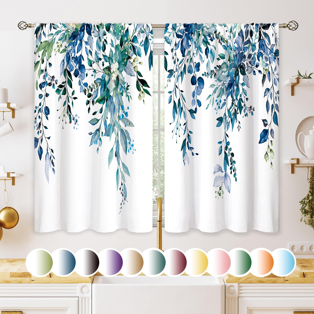 Eucalyptus Botanical Leaves Floral Kitchen Window Curtains Over Sink Boho Farmhouse Flower Leaf Small Window Treatment Sage Green Cafe Short Curtains for Bathroom Tier Drapes 27.5x39 inch