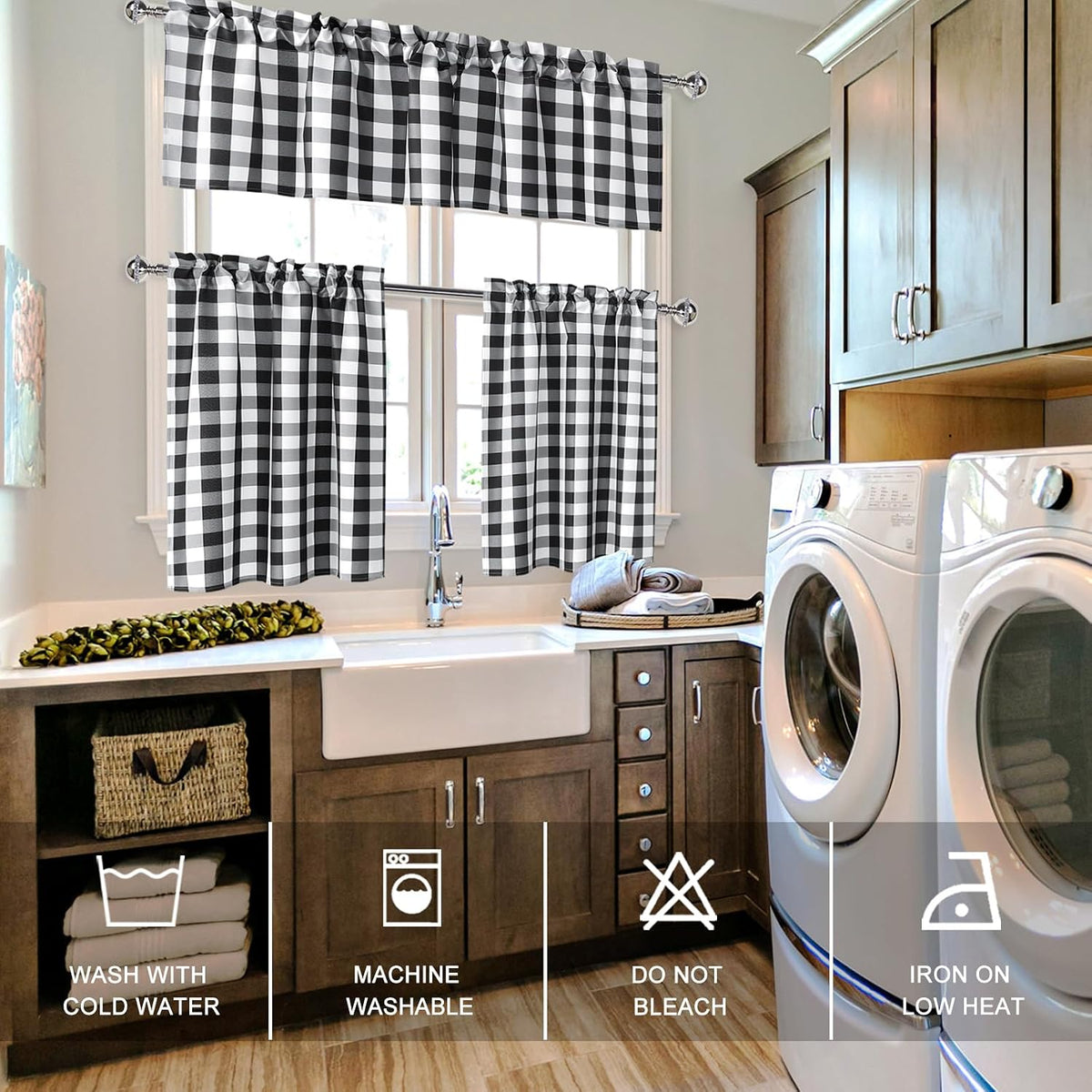 Hiasan 3 Piece Semi Sheer Curtains, Black and White