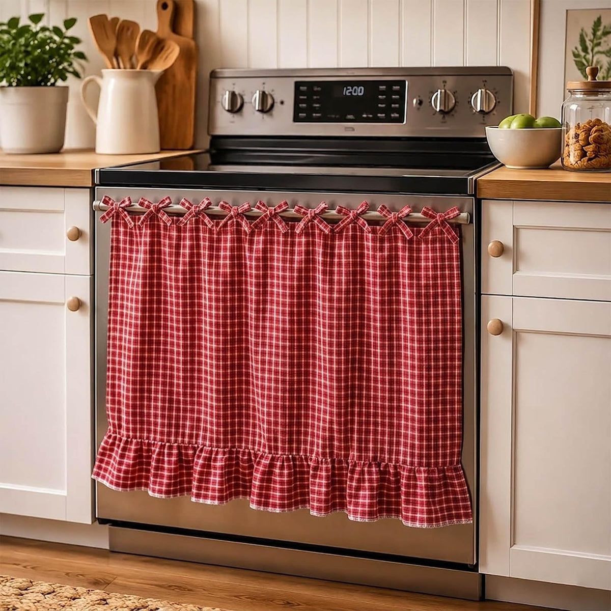 LOSOZO Oat Handmade Oven Skirt for Farmhouse Kitchen Décor, Oven Curtain Tie Top Decorative Cabinet Dish Washer Oven Curtains, Ruffled Fabric Appliance Cover with Ribbon Ties