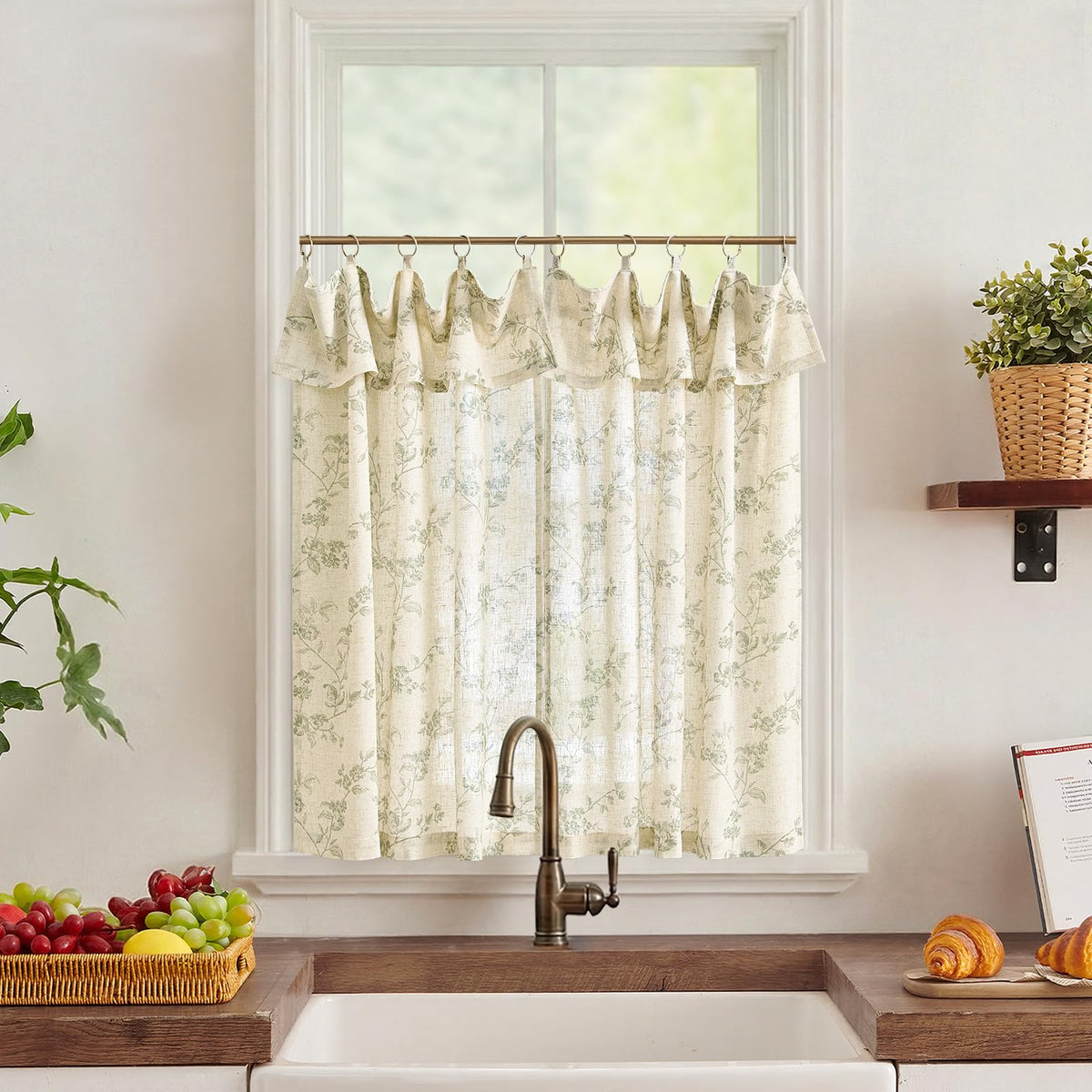 jinchan Floral Linen Kitchen Tier Curtains, 36 Inch, 2 Panels, Taupe