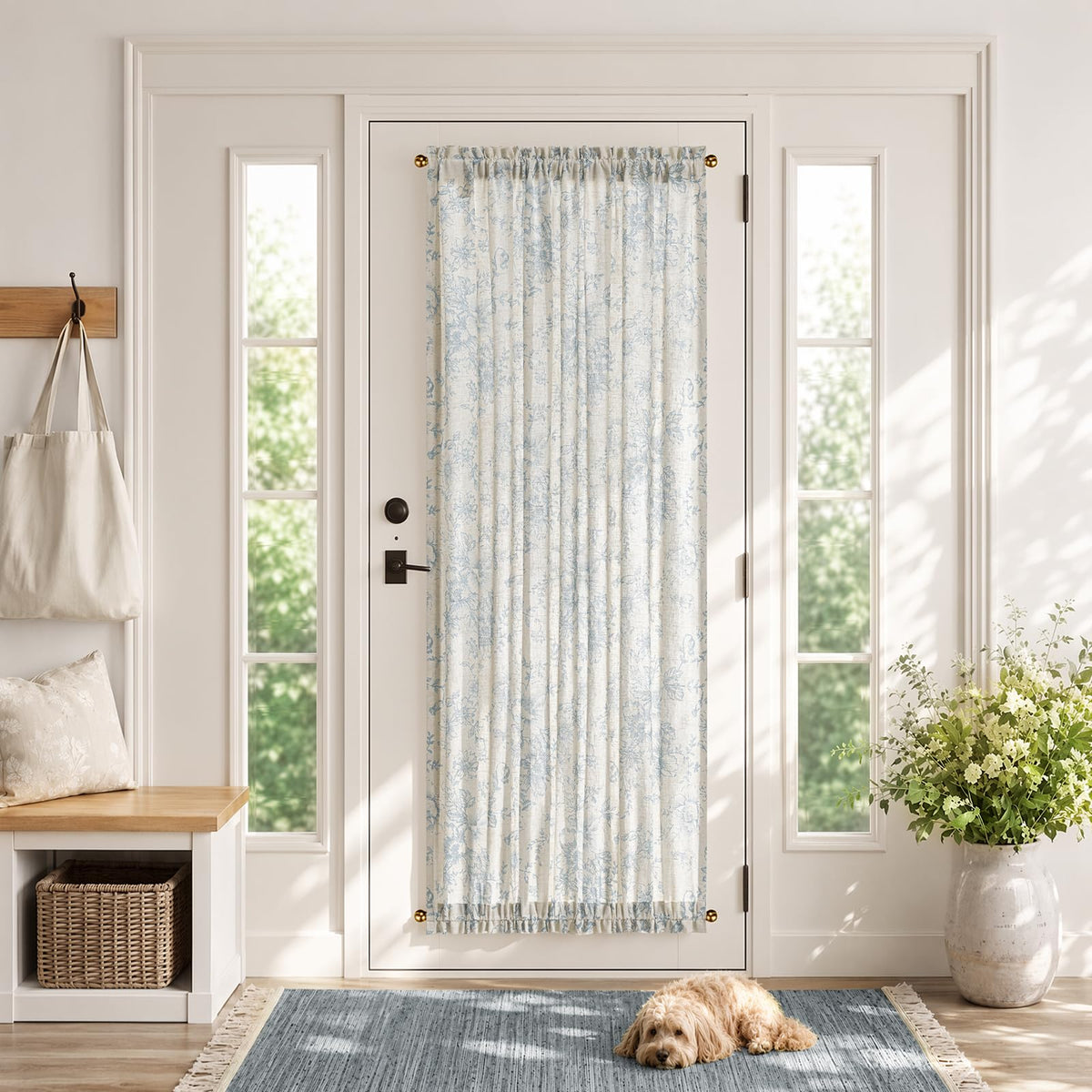 jinchan Blue Linen Floral French Door Curtain 40 Inch Rod Pocket 1 Panel