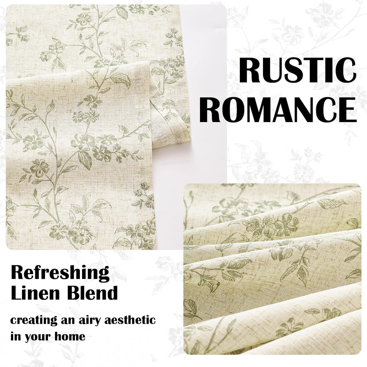 Lazzzy Green Vintage Floral Linen Curtains Farmhouse 26W X 36L 2 Panels