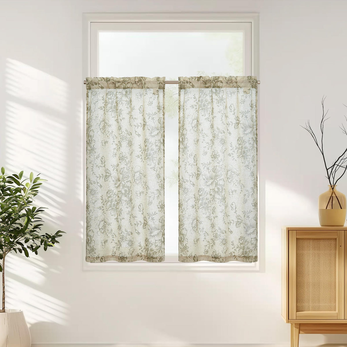 jinchan Hattie Floral Linen Kitchen Tier Curtains Beige 36 in 2 Panels