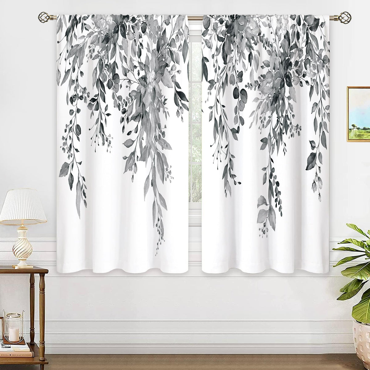 Eucalyptus Botanical Leaves Floral Kitchen Window Curtains Over Sink Boho Farmhouse Flower Leaf Small Window Treatment Sage Green Cafe Short Curtains for Bathroom Tier Drapes 27.5x39 inch