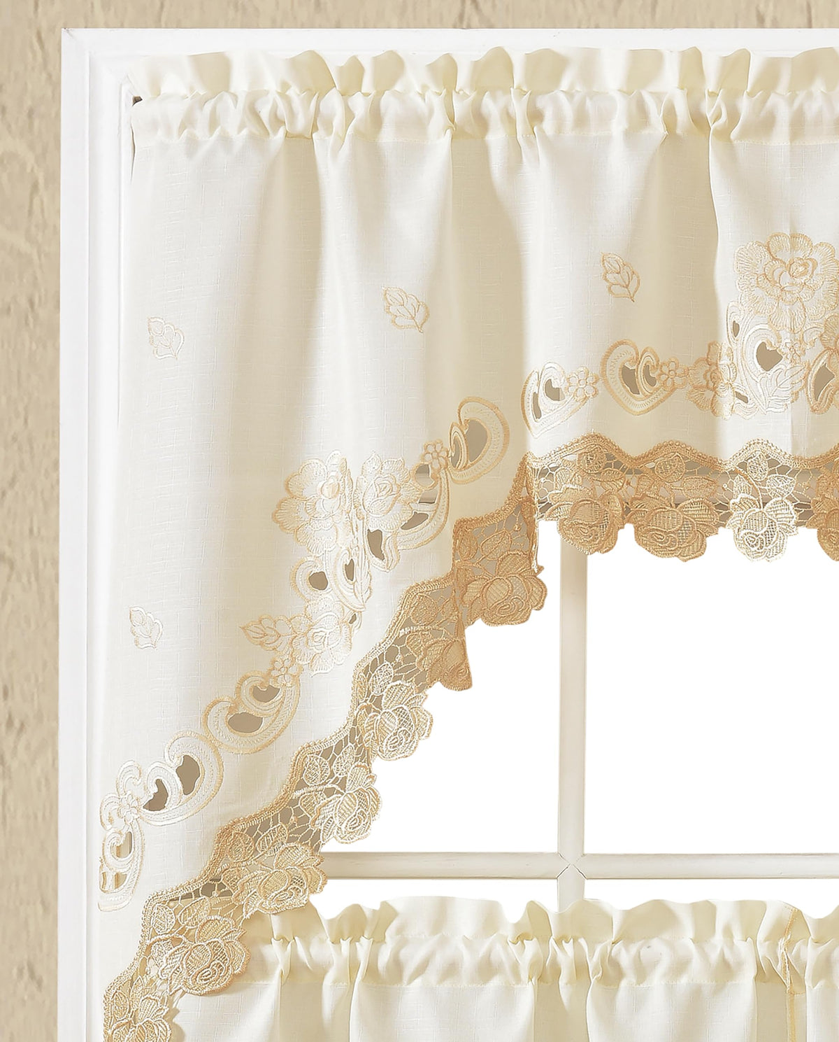 GOHD Lace Rosarium Kitchen Curtains, 3PCS Kitchen Curtains and Valances Set, Elegant White Fabric with Rose Embroidery and Lace. (Grey, Swag and 22 inches Tiers Set)