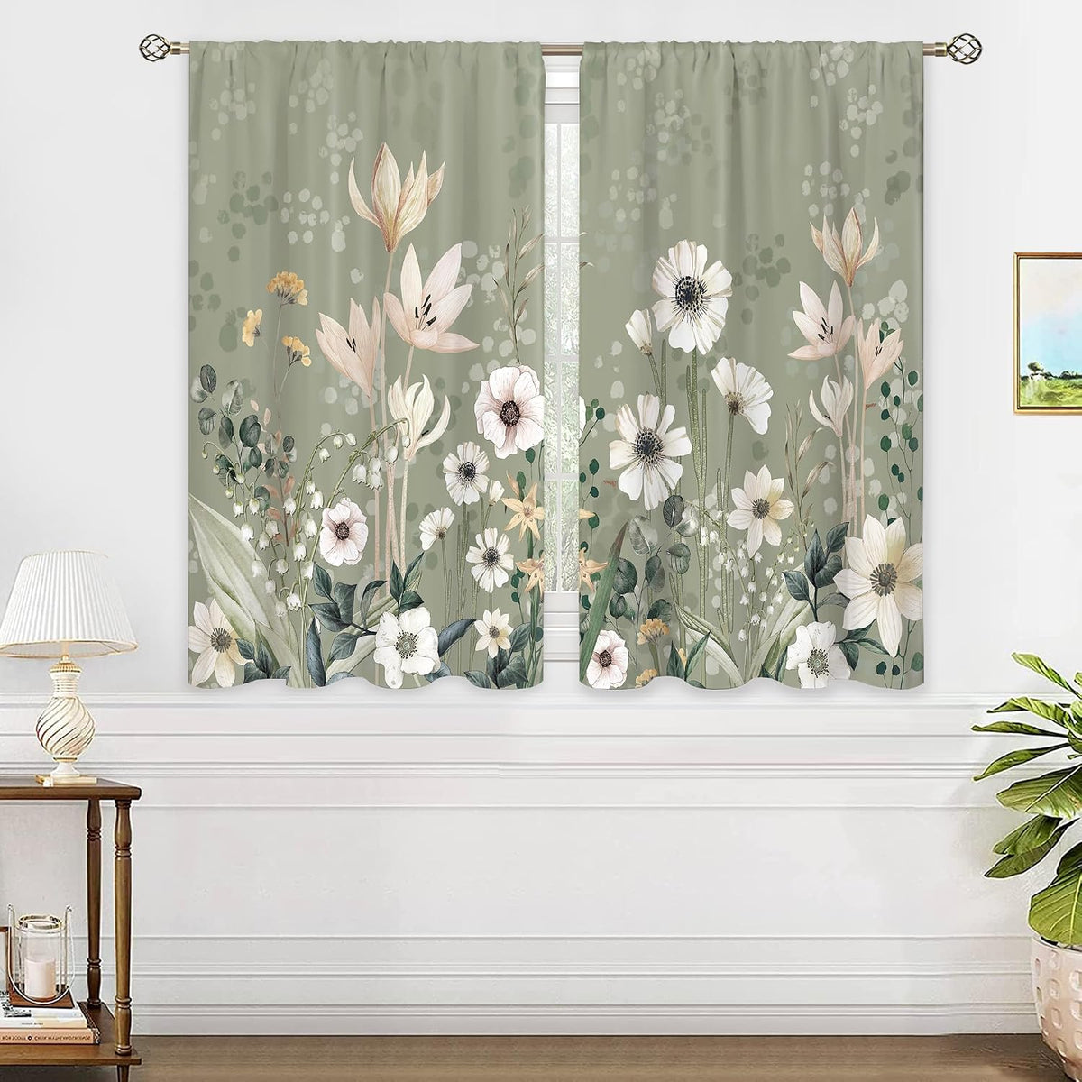 Green Boho Flower Small Kitchen Curtains Flower Plant Window Treatment Botanical Herb Chic Rod Pocket Cafe Short Window Curtains for Bathroom Dining Room Tier Treatment Drapes 27.5x39 inch