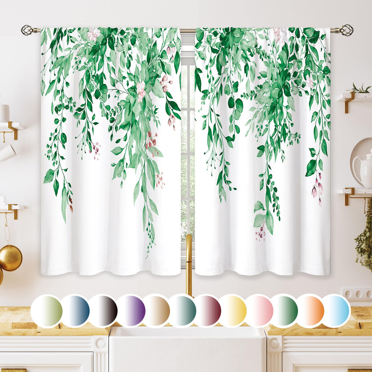 Eucalyptus Botanical Leaves Floral Kitchen Window Curtains Over Sink Boho Farmhouse Flower Leaf Small Window Treatment Sage Green Cafe Short Curtains for Bathroom Tier Drapes 27.5x39 inch