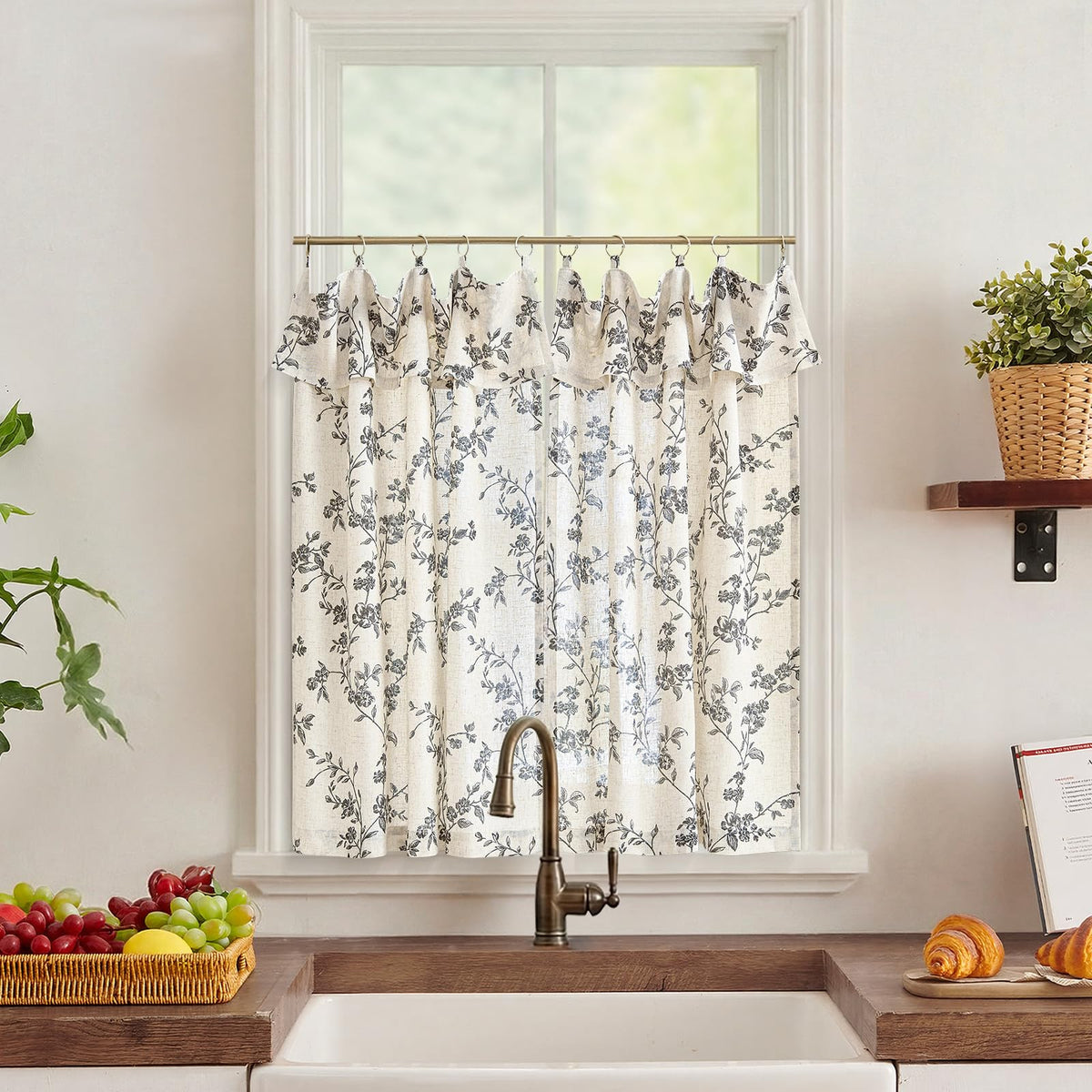 jinchan Floral Linen Kitchen Tier Curtains, 36 Inch, 2 Panels, Taupe