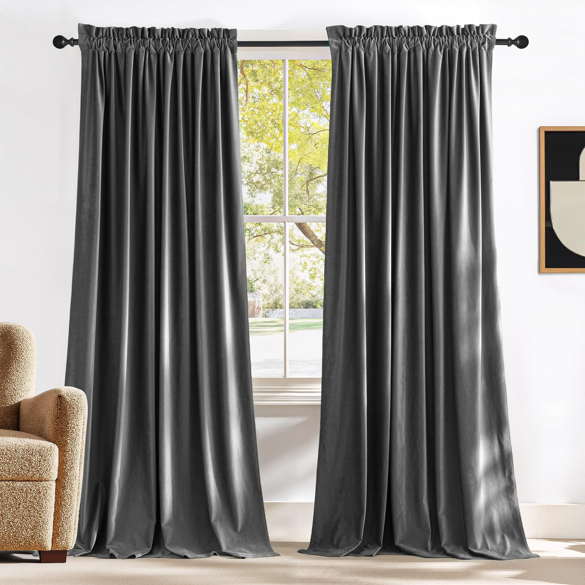 NICETOWN Black Out Velvet Curtains 63 inches Long for Kitchen