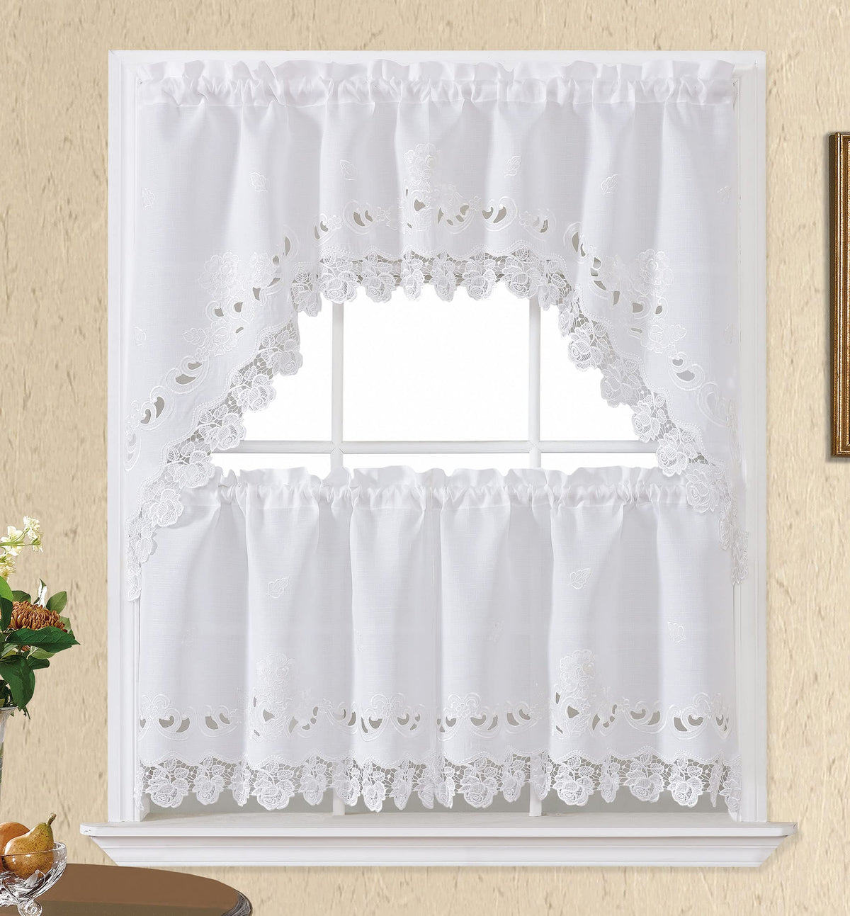 GOHD Lace Rosarium Kitchen Curtains, 3PCS Kitchen Curtains and Valances Set, Elegant White Fabric with Rose Embroidery and Lace. (Grey, Swag and 22 inches Tiers Set)